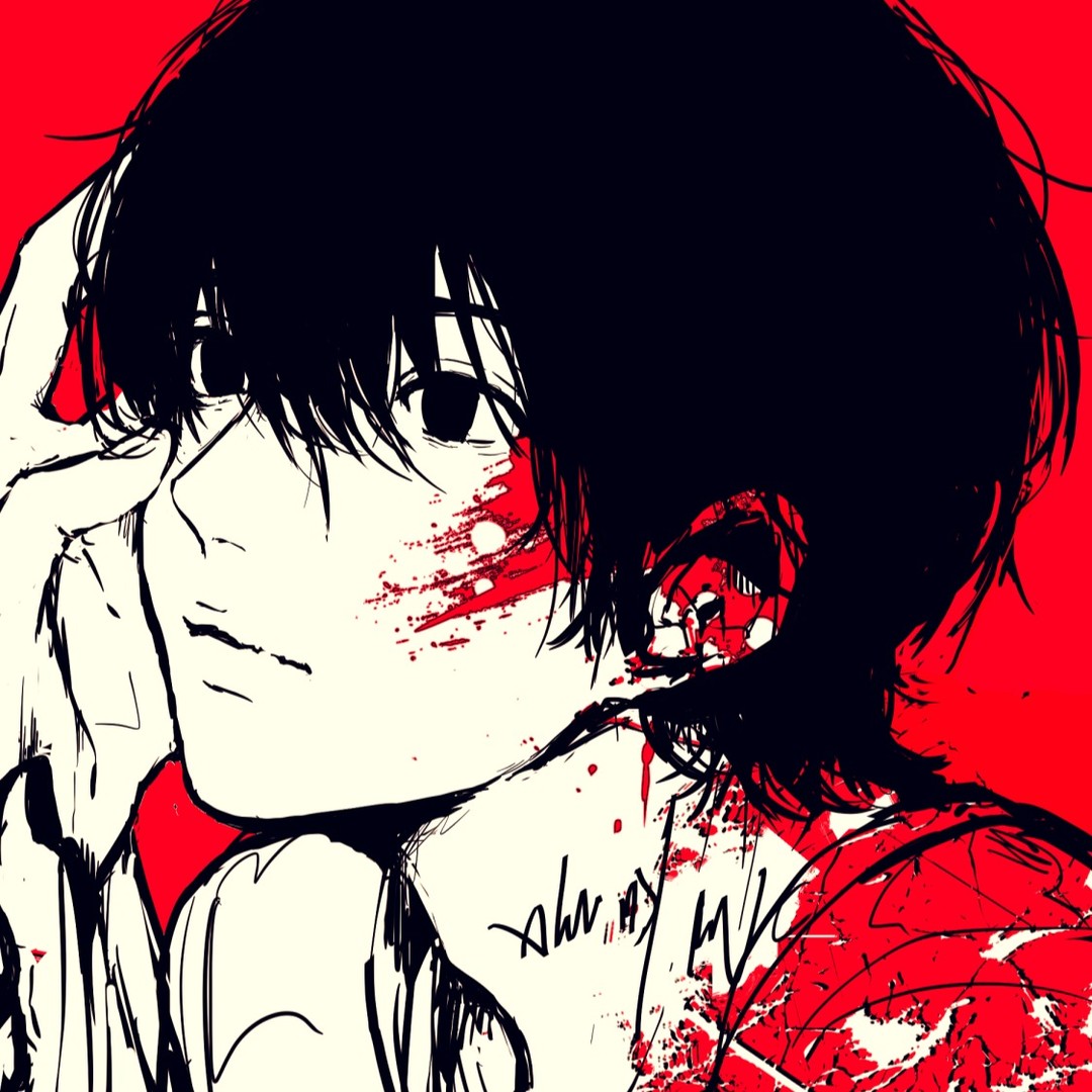 the image is a stylized animestyle portrait of a young man with short, black hair. his face is partially obscured by his hand, and there are bloody splatter marks on his face and neck. the background is a solid red, which contrasts sharply with the black and white tones of the figure. the overall style is dark, edgy, and emotive, suggestive of pain, suffering, or possibly a violent event.  there is also what seems to be a signature or inscription on his neck. the art style combines line art with areas of shading and texture to create a dramatic effect.