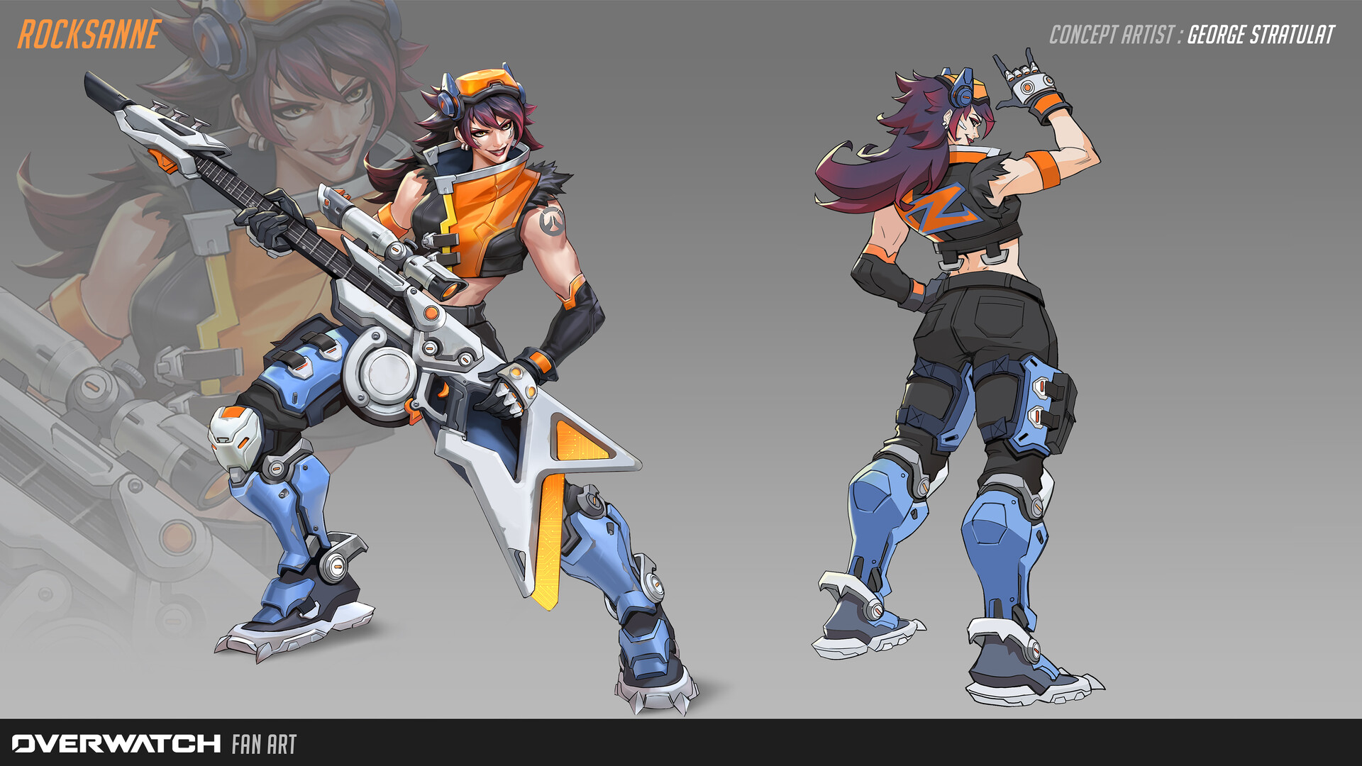 this is a piece of fan art for the video game overwatch, depicting a new character named rocksanne. the artwork shows rocksanne from two angles: a front threequarters view and a back view. she is a young woman with purple hair, wearing futuristic armor in shades of orange, blue, and black. she is carrying a large electric guitar that looks like a weapon as well. the style is reminiscent of anime and video game character design, with dynamic poses and detailed costumes. the artist's name, george stratulat, is credited in the image. the image also carries the "overwatch fan art" label.