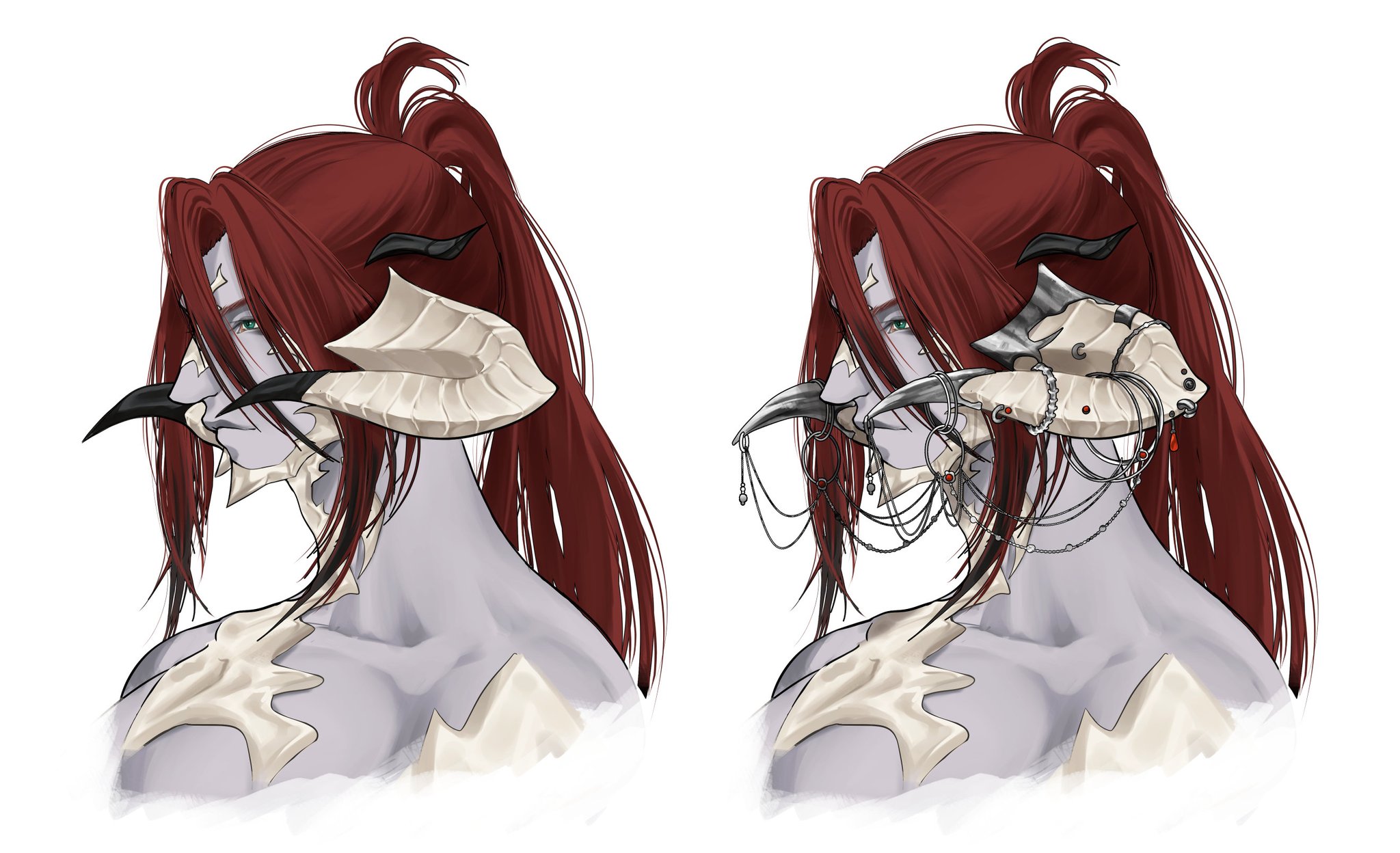 a digital illustration of a female character with long red hair. she has horns and jewelry, a necklace and earrings, all made of bone and skull. the background is white. she is in a side profile and looks like a fantasy creature.