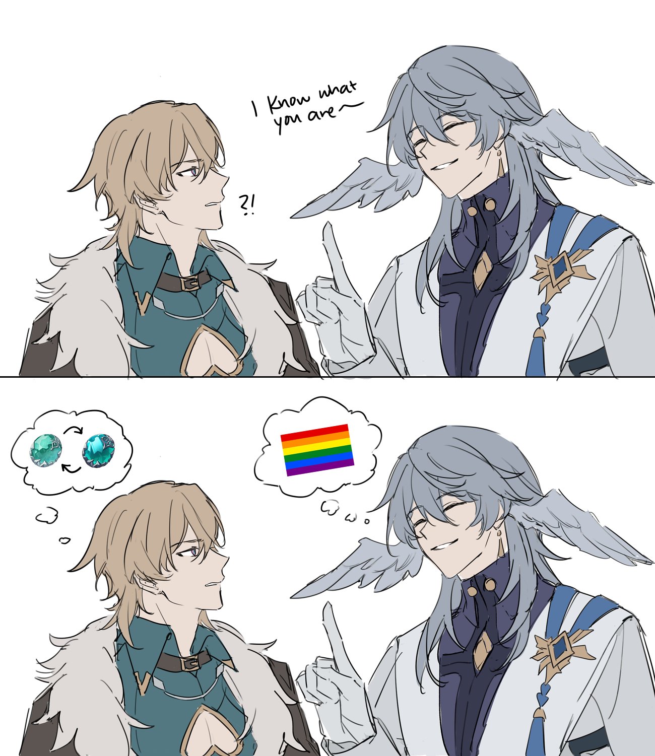 the image is an anime style drawing.  the two characters are male and they are looking at each other and smiling.  the character on the right is wearing a white and blue outfit with wings and white hair.  the character on the left is wearing a green and white outfit with brown hair.  the character on the right is thinking about a rainbow flag and the character on the left is thinking about two blue gems.
