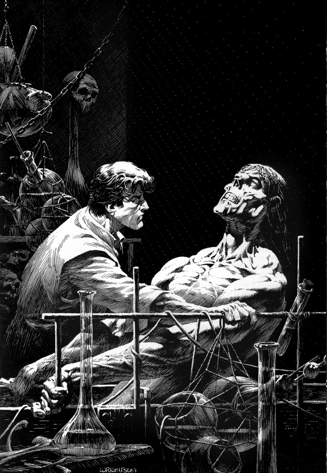 the image is a black and white illustration of a scene reminiscent of frankenstein. a man, presumably a scientist, leans over a monstrous figure strapped to a table.  the setting appears to be a laboratory filled with scientific equipment, bottles, and even a skull, emphasizing a dark and macabre atmosphere. the stark contrast of light and shadow emphasizes the drama of the scene.