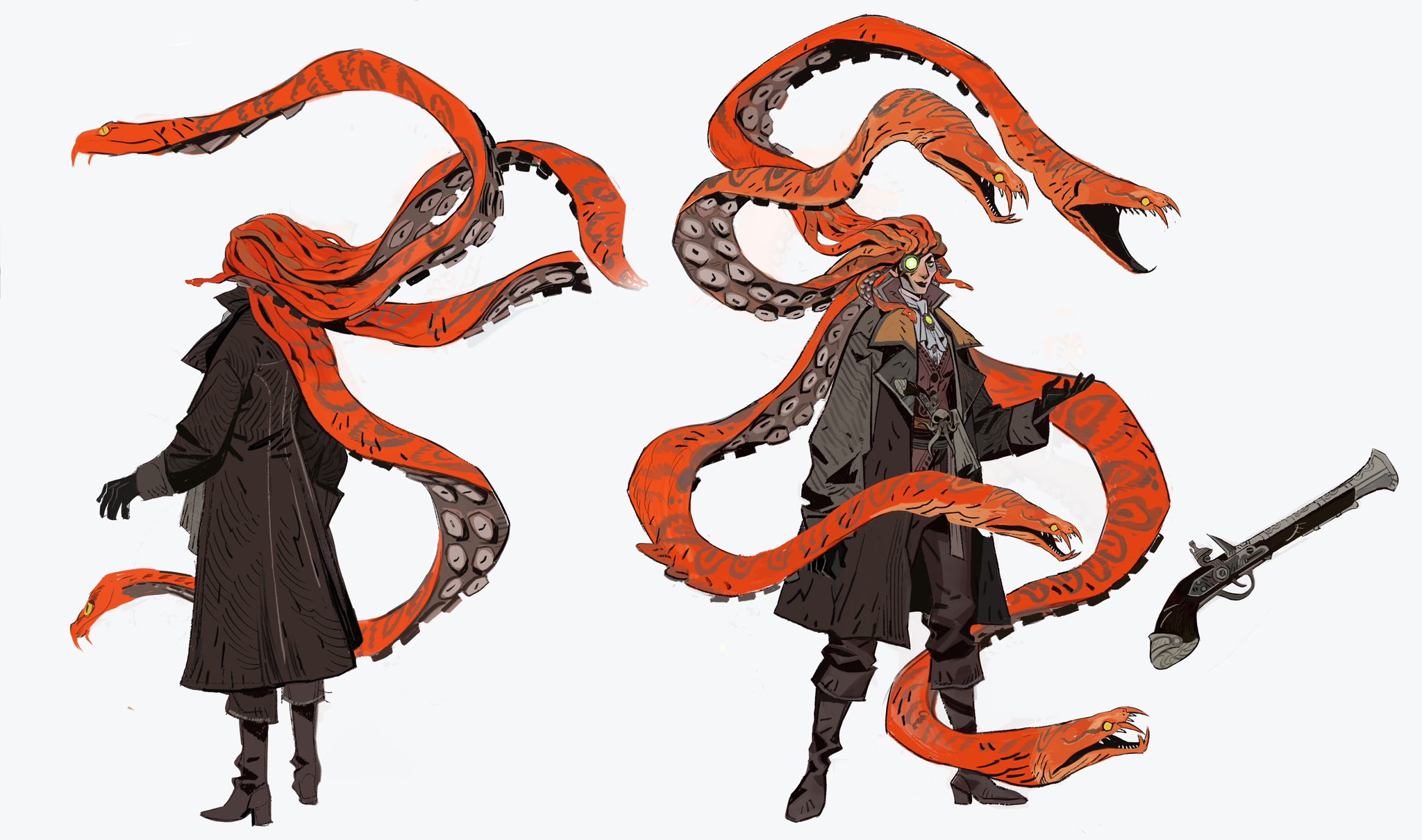 this is a digital art illustration of a male character. he's dressed in a black coat and a red scarf. the scarf is actually the tentacle of a sea monster. he has a gun and sword. the background is white and the character is the main subject. he is looking forward. the image is an illustration of a fantasy adventure.