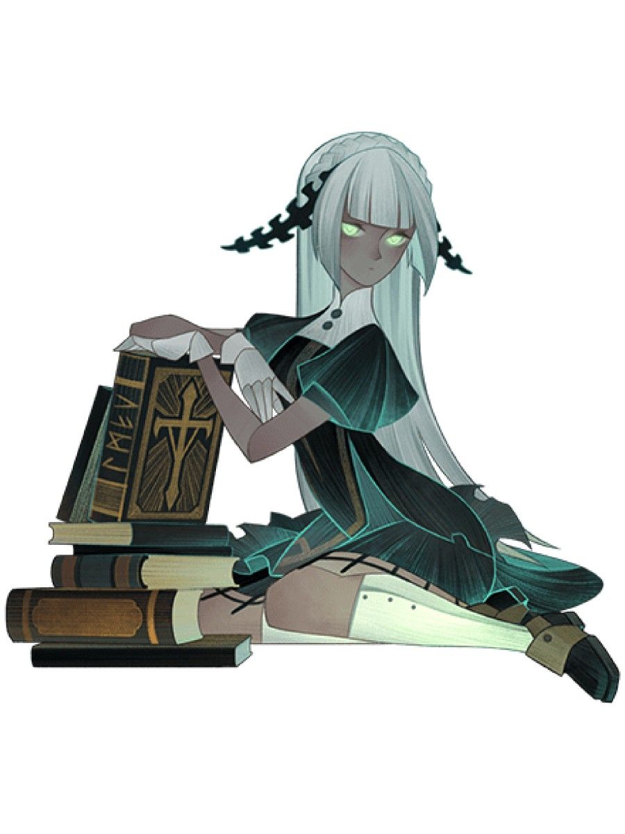 the image is a drawing of a girl with pale skin, white hair, and horns sitting on the floor with a stack of books in front of her. she is wearing a dark green gothic lolita dress and white gloves, and she is looking at the viewer with a serious expression. the image is drawn in a dark and gothic style, and the girl appears to be a ghost or some other supernatural creature.