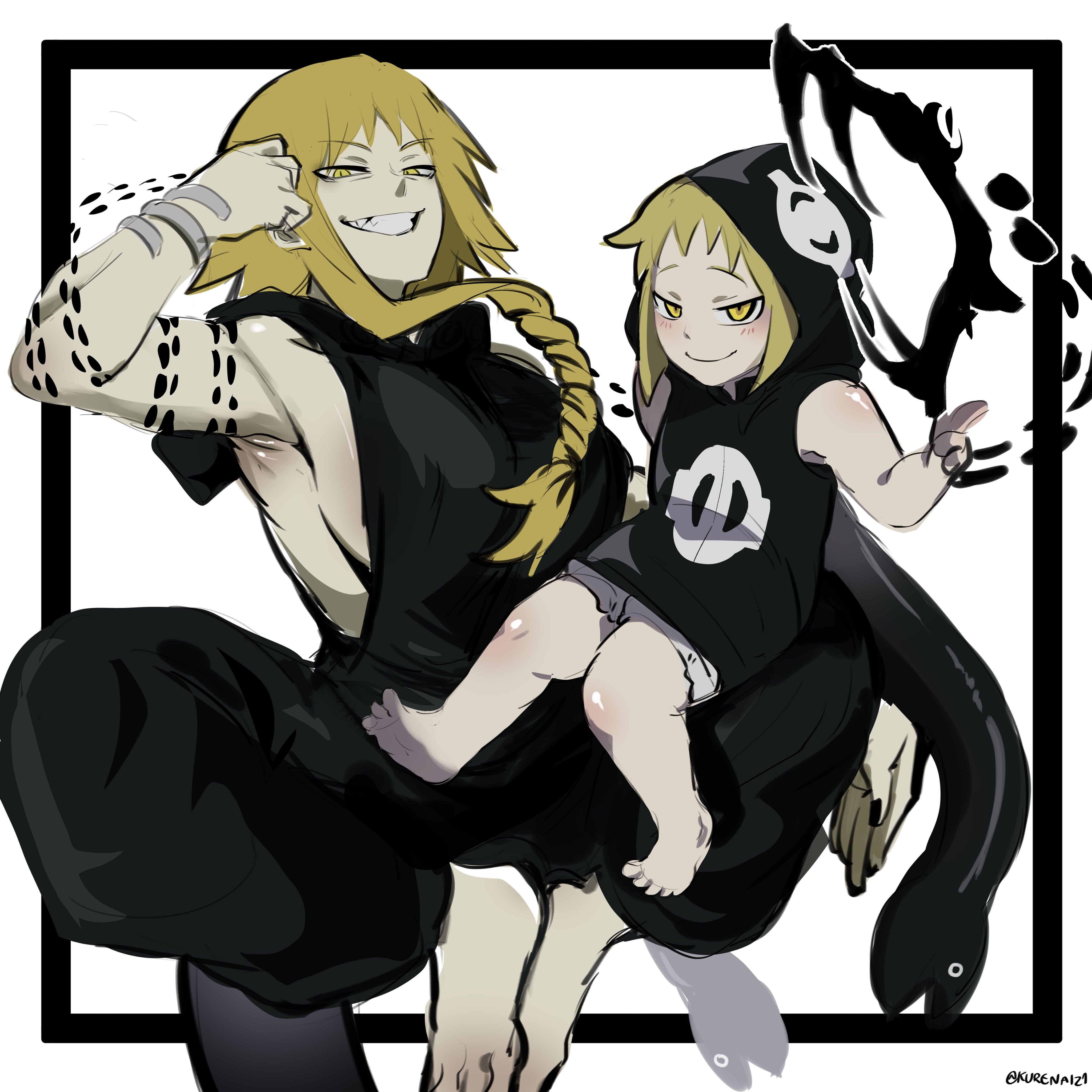 a black and white illustration of soul eater's characters, death the kid and black star. death the kid is holding black star, while both of them have dark circles around their eyes. black star is looking towards the viewer, while death the kid is looking forward.  the image is in a black border, and has a black background.