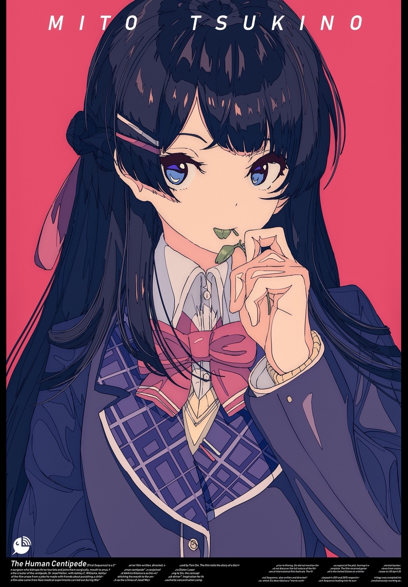 the image is a stylized digital illustration or print of an animestyle girl. she has long, dark blue hair, blue eyes, and is wearing a dark blazer with a plaid vest and a pink bow tie, typical of a japanese school uniform. she's subtly holding a small, green object near her mouth, possibly a leaf or piece of food. the background is a solid, pinkishred.  at the top, the name "mitotsukino" is written in a sansserif font.  at the bottom, there's a small text blurb referencing "the human centipede," a jarring juxtaposition given the otherwise cute and innocent depiction of the girl. the overall style is clean, and the lines are sharp, suggestive of vector art or a similar digital drawing technique.  the color palette is muted and slightly pastel.