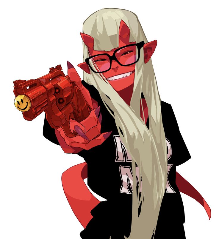 an animestyle girl with red horns, blonde hair, and glasses is holding a red gun. she is wearing a black tshirt with a white logo. she is smiling and pointing the gun at the viewer. the background is white.