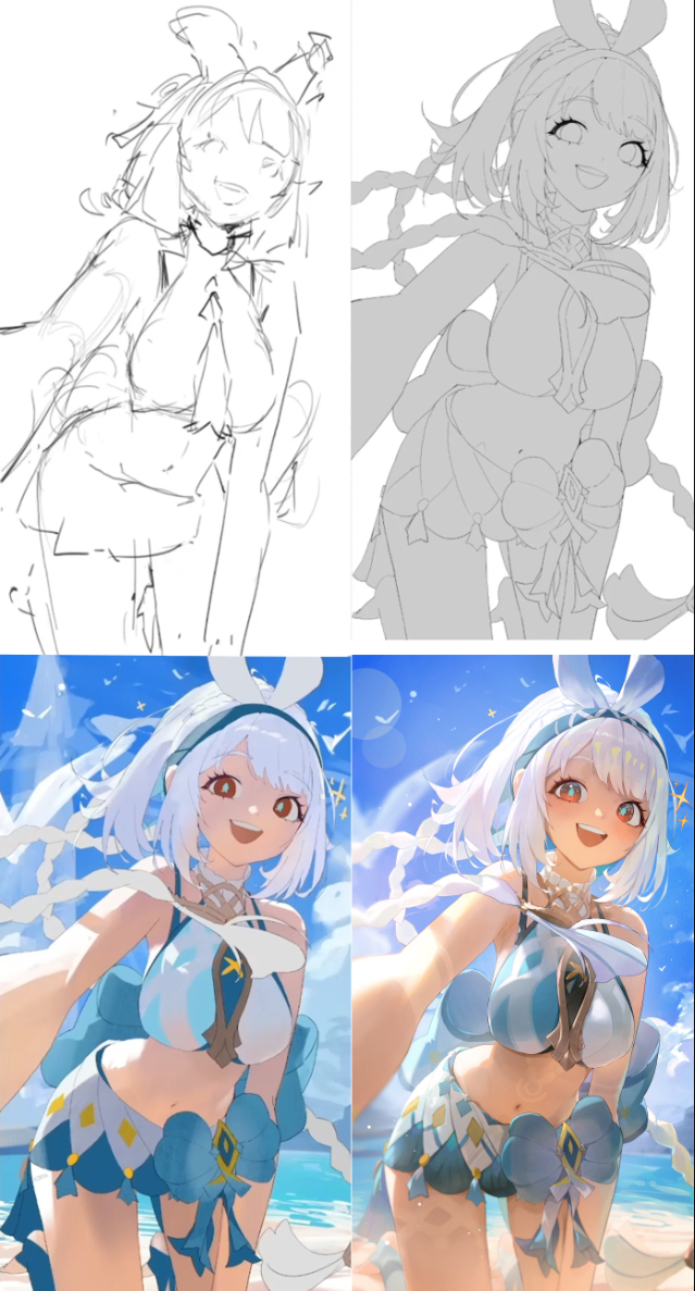 he image shows the progress of creating an animestyle girl character. the top row displays initial sketches, progressing from a rough outline to a more refined line art. the bottom row showcases the fully rendered colored digital artwork in two slightly different poses, both featuring the character in a summery swimsuit on a beach setting.  the character has white hair and bunny ears. the style is bright and cheerful.