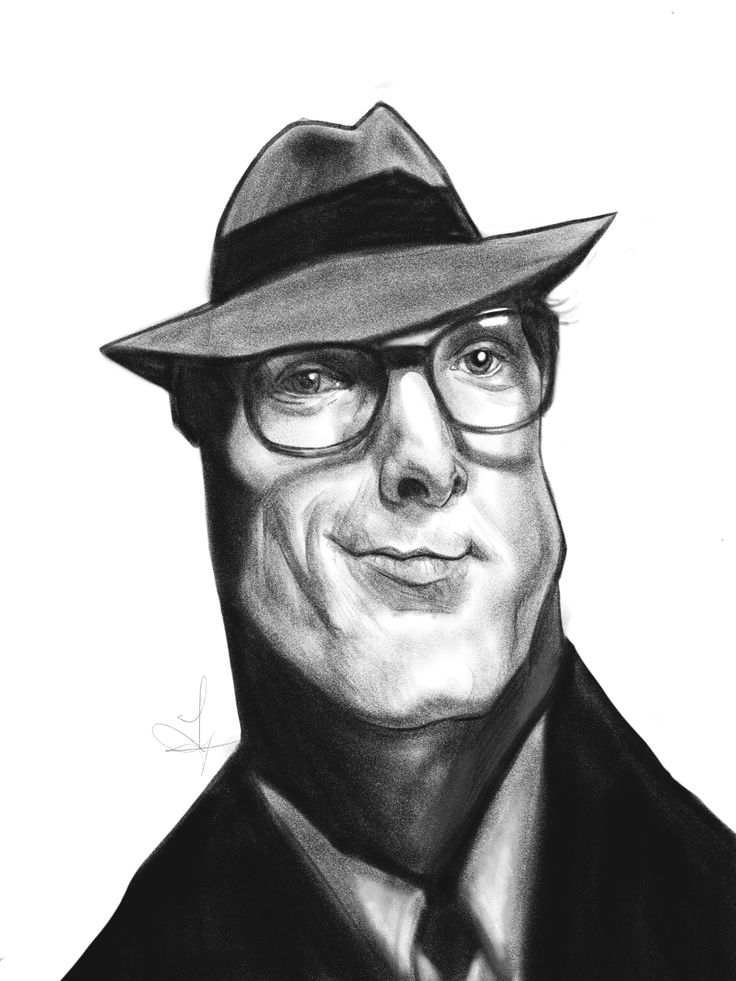 a pencil drawing caricature of a man wearing a fedora, glasses, suit, and tie.