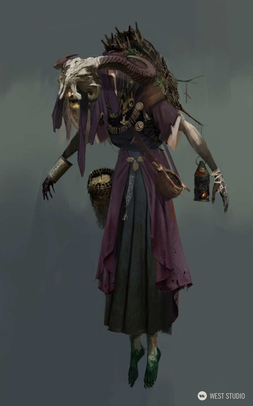 a digital painting of a witch or hag creature, likely concept art for a game or film. the figure is gaunt, with gray skin, long white hair, and clawed hands. she wears a long, tattered purple dress with a brown leather belt and pouches. her head is partially skeletal, with a ram's skull protruding from her back, adorned with bones and twigs. she carries a basket, a lantern, and what appears to be a bone dagger. the background is a muted grayishgreen.