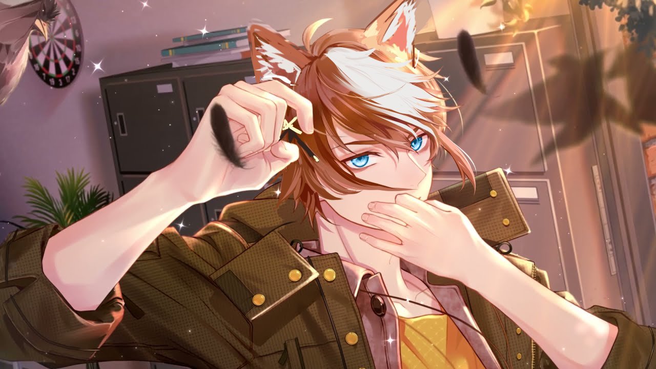 a smiling anime boy with brown and white hair wearing cat ears is holding an object in his right hand.  he is wearing a brown jacket and a yellow shirt. he is standing in a room with a bookshelf and wooden floor.  the room is filled with light, making the scene look warm and inviting.  the boy's smile is bright and cheerful. his eyes are sparkling blue.