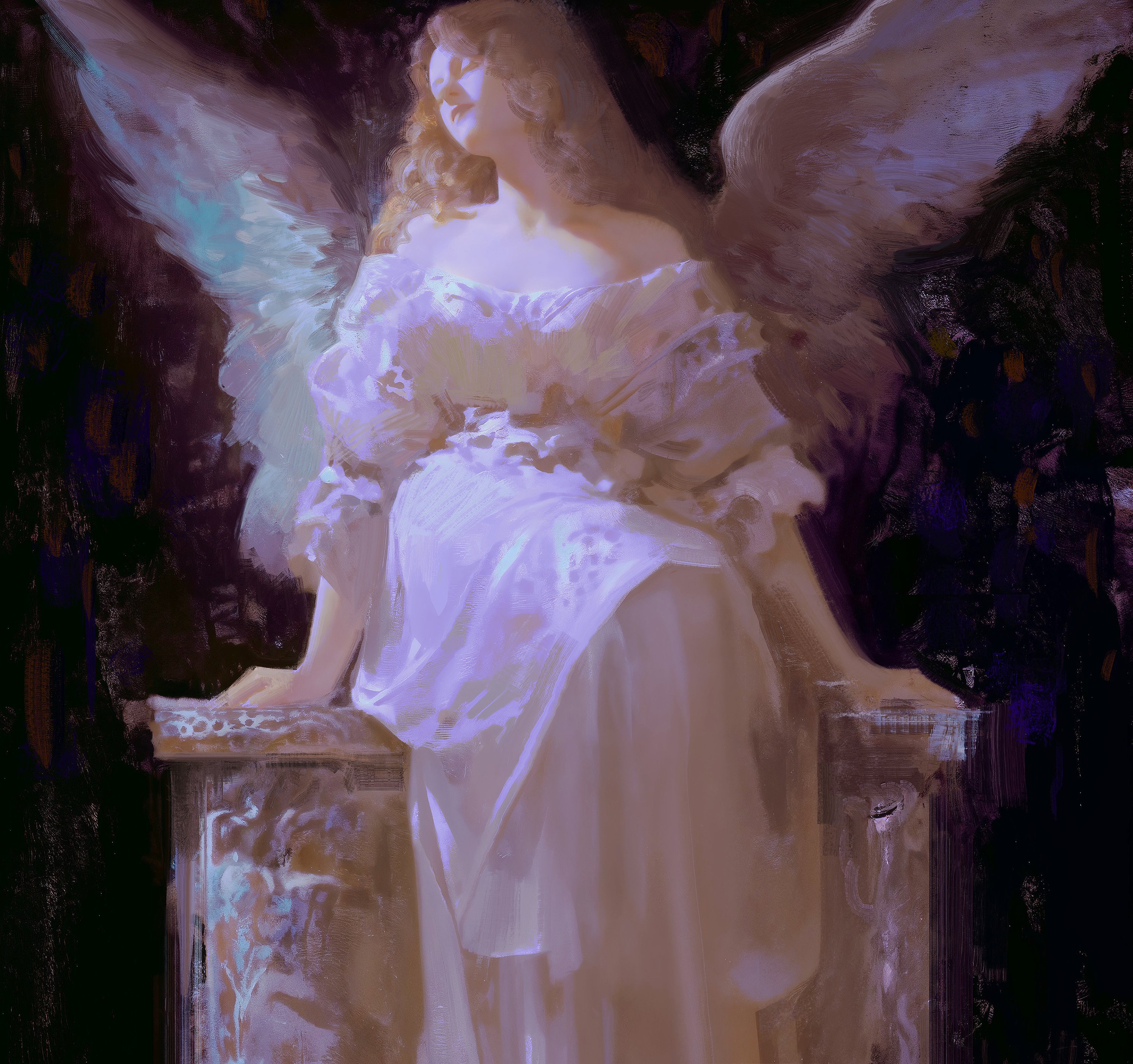 a beautiful woman with wings, a delicate gown, and soft features sits on a throne. her eyes are closed and her expression is peaceful, as if she is lost in thought or prayer. the painting has a dreamy and ethereal quality, as if it were a scene from a fairytale. the colors are soft and muted, and the light is diffuse, creating a sense of mystery and wonder. the angel's wings are white and ethereal, as if they are made of clouds. the woman's gown is also white, and it flows gracefully around her body. the painting is a beautiful depiction of a heavenly being, and it inspires a sense of peace and tranquility.