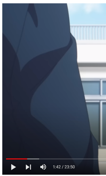 a closeup shot of a blue school uniform sleeve, likely belonging to an anime character. the background suggests a school environment, possibly a hallway or classroom entrance, with a glimpse of the sky and a building exterior. the lighting is natural and bright, indicating daytime.