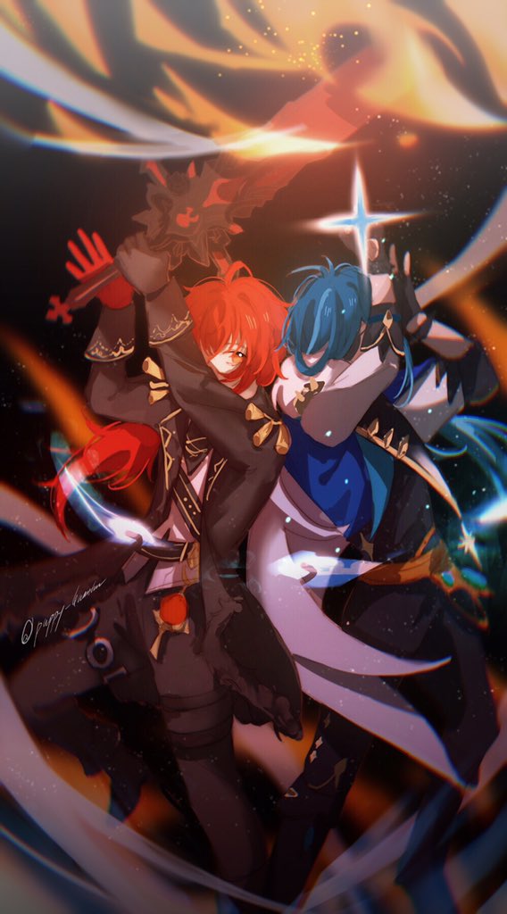 the illustration features two anime characters in the middle of a dynamic battle. the character on the left has red hair, red eyes, and is wearing a black outfit. they are wielding a sword and holding a bright, glowing light. the character on the right has blue hair, blue eyes, and is wearing white clothes. they are holding a glowing star. the background of the image is a blurry, swirling mix of orange and yellow, giving the impression of speed and movement. the illustration is full of energy and excitement, capturing the intensity of the battle.