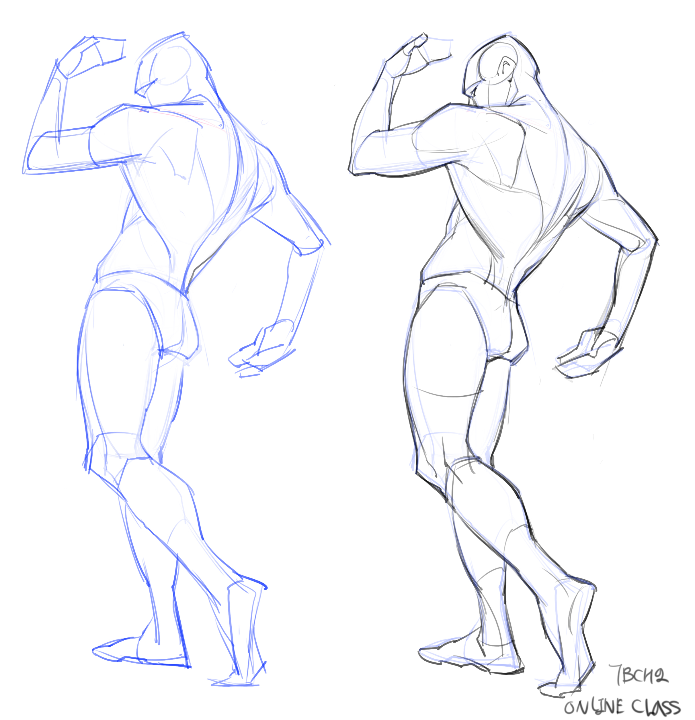 this image contains two figure drawings of a male figure in different poses.  both figures are drawn from the back and side, showcasing the musculature and anatomy. the style is loose and gestural, with light blue lines creating the forms.  the drawings appear to be from an online art class, indicated by the signature "7bch2 online class" in the bottom right corner.  the artist focuses on capturing movement and form, rather than precise detail.
