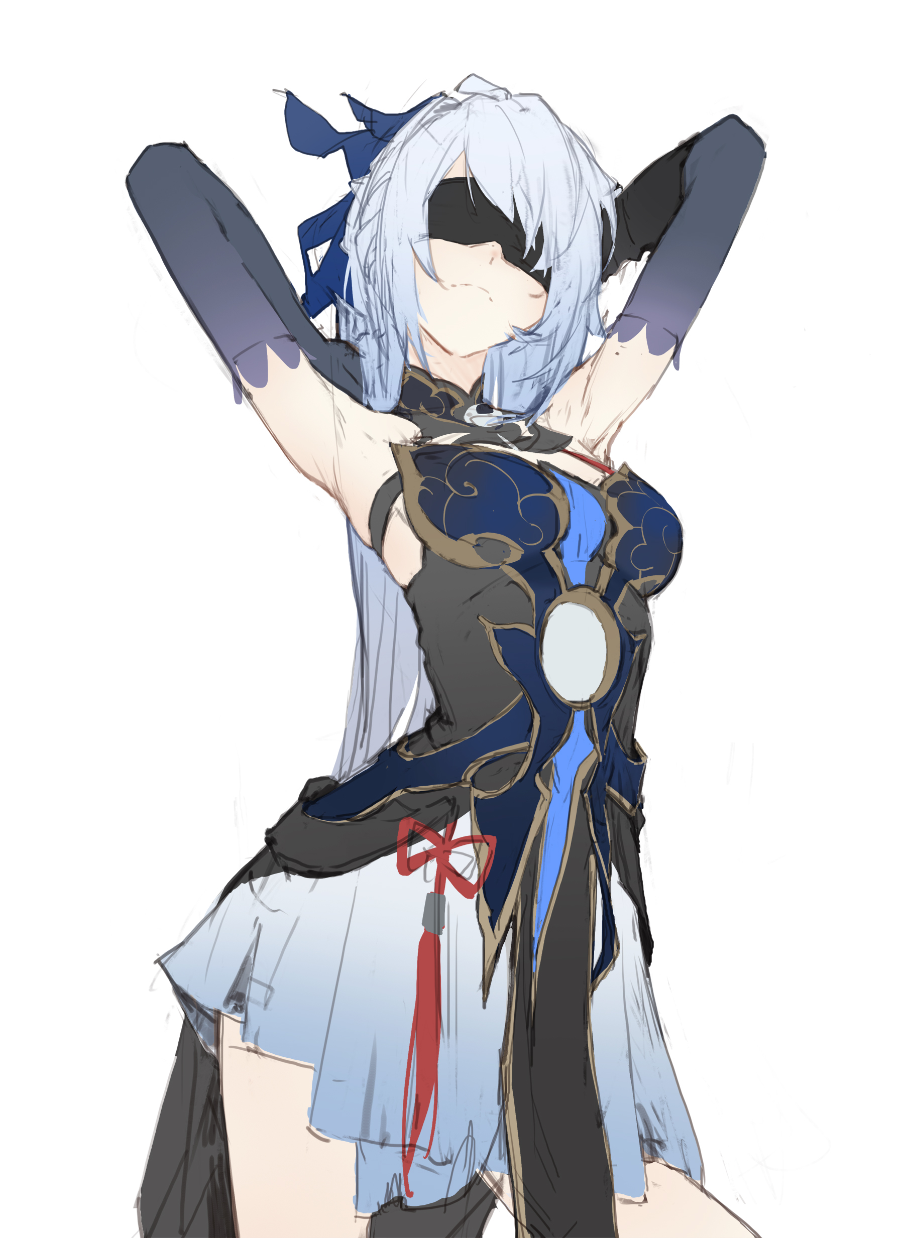 a handdrawn sketch of a woman, who appears to be an anime character, with white hair and wearing a blue and black dress. she is blindfolded and has both hands up on her head, her arms outstretched to the sides. the sketch is on a white background.