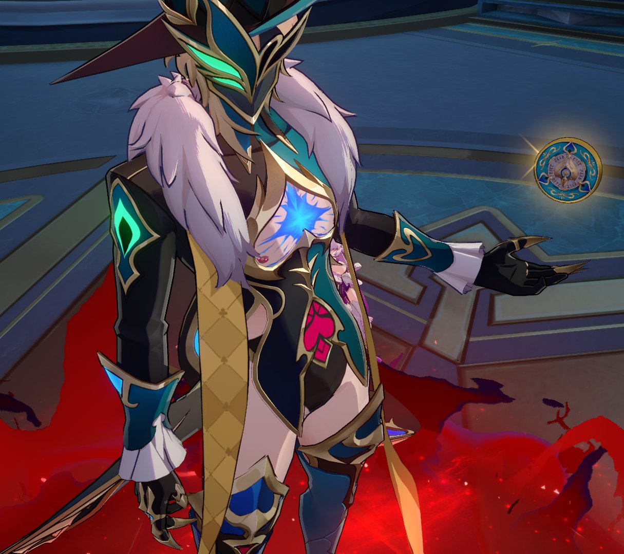 a female character from a video game, with glowing blue and green eyes, is wearing a teal, black, and gold outfit. she has a black cape and is holding a glowing orb that has a star in the middle. the background is red with black spots and a blue and gold tiled floor.