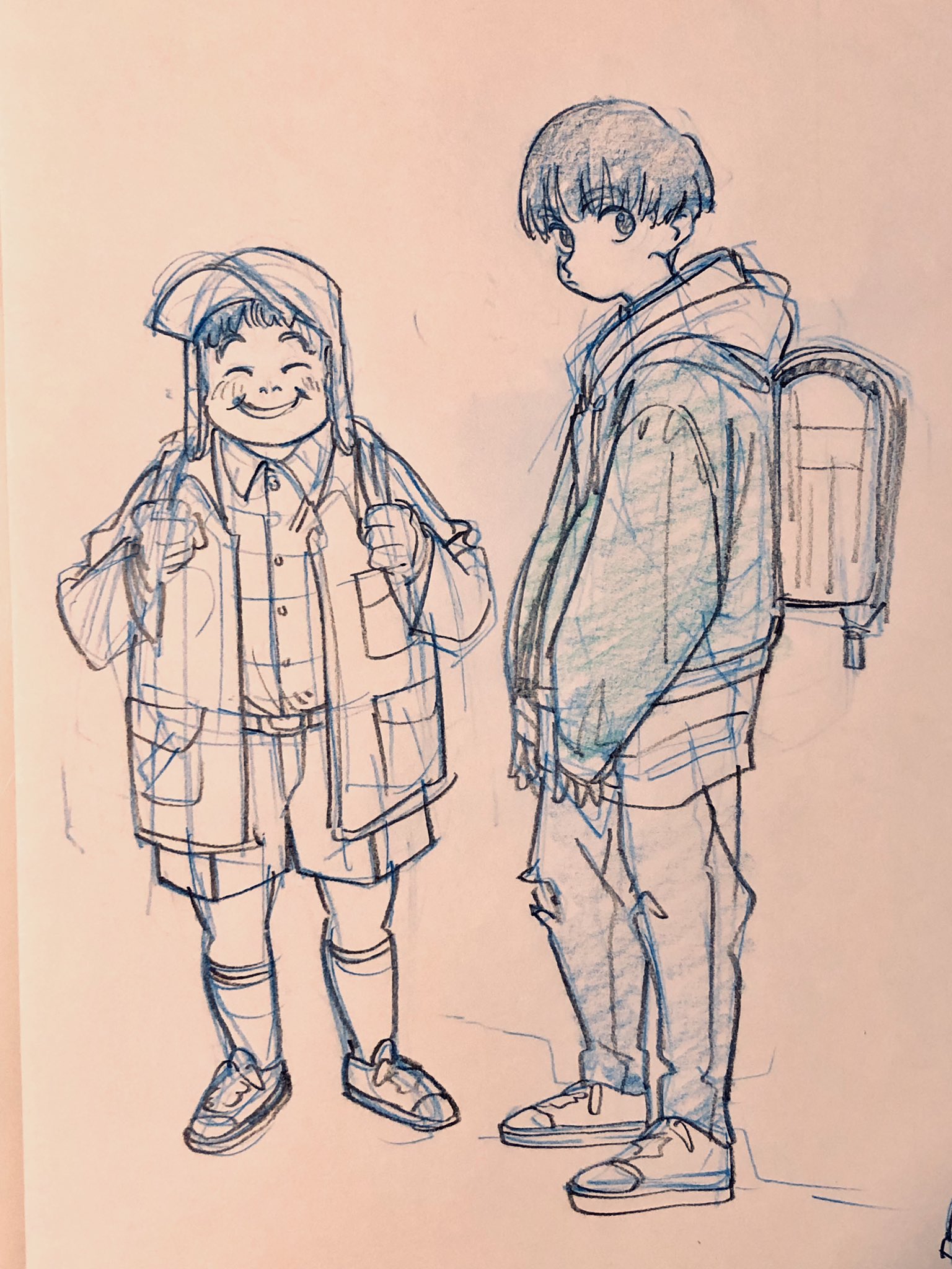 a sketch of two boys drawn in blue pencil on beige paper. the boy on the left is wearing a hat, jacket, shorts, and backpack and appears to be younger and possibly in elementary school.  he has a cheerful expression. the boy on the right is wearing a hoodie, ripped jeans, and a backpack and appears to be older, possibly in middle or high school.  he has a more neutral expression.