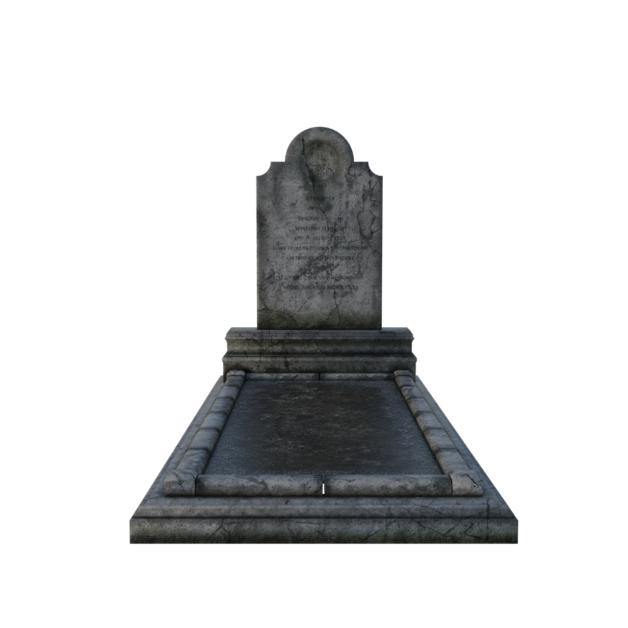 a detailed image shows a large, ornate tombstone made of weathered stone. the tombstone consists of a tall, upright headstone with inscriptions, set atop a layered rectangular base. the base has two distinct tiers, with a flat, slightly reflective surface at the top level. the entire structure appears to be made of granite or a similar stone material, exhibiting cracks and signs of aging. the background is a solid black, drawing focus entirely to the tombstone.