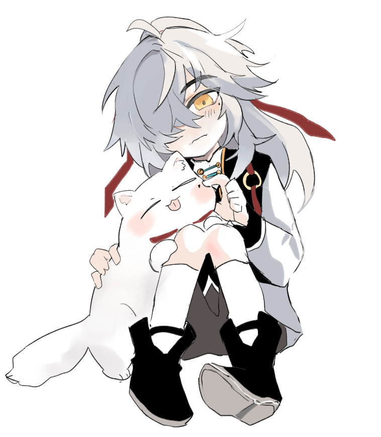 this is a drawing of a cute anime girl with white hair and black boots holding a white cat. she is wearing a white shirt with red ribbons. she is sitting on the floor and smiling happily at the cat.