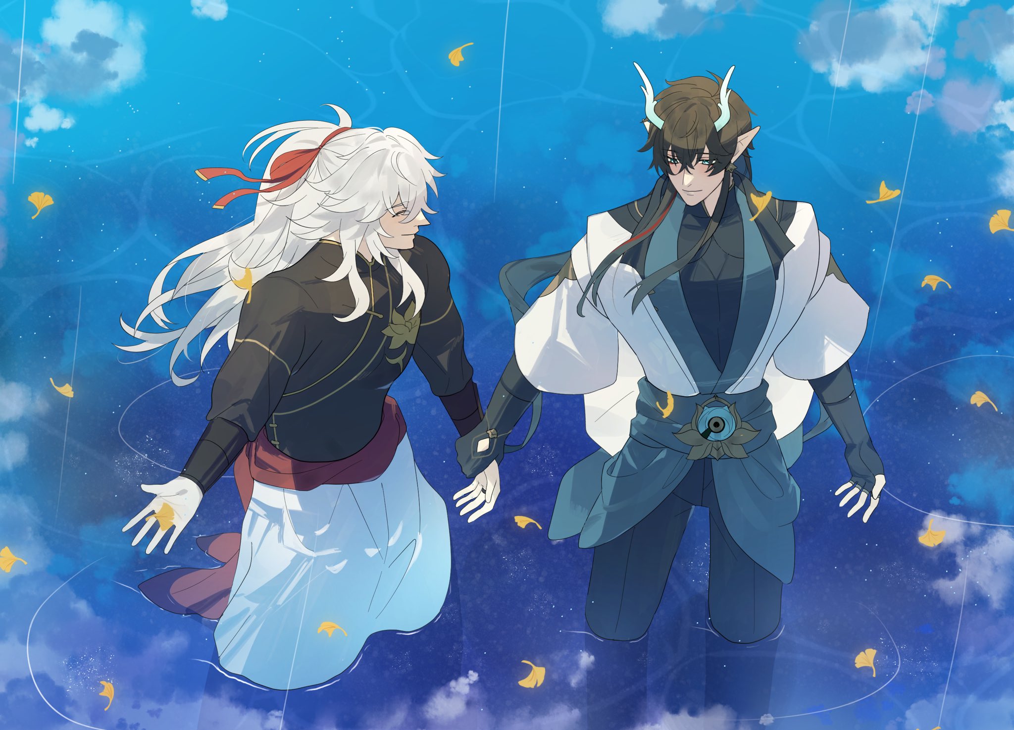 the image depicts two anime boys, one with white hair and a red ribbon, and another with brown hair and horns, floating peacefully in the air surrounded by fluffy clouds and a serene blue sky, as yellow ginkgo leaves float around them. both boys are smiling, suggesting a romantic and joyful mood.  the artwork has a dreamy and magical quality, emphasizing the beauty of the scene.