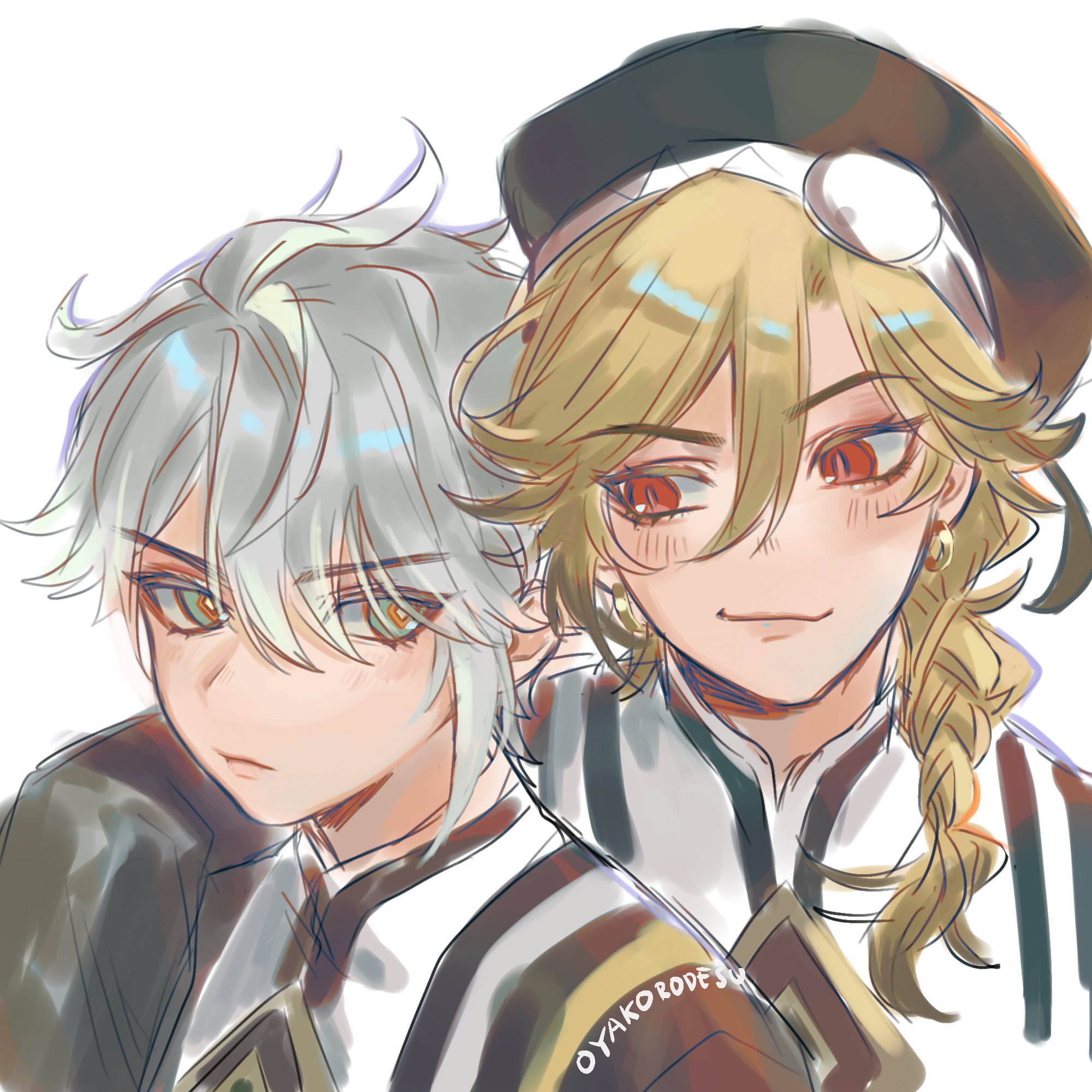 the image is a digital illustration of two anime boys. the boy on the left has white hair and is looking at the camera with a slightly serious expression. he is wearing a white and black striped shirt. the boy on the right has blonde hair, a black and white hat, and a smile. he is looking at the camera with