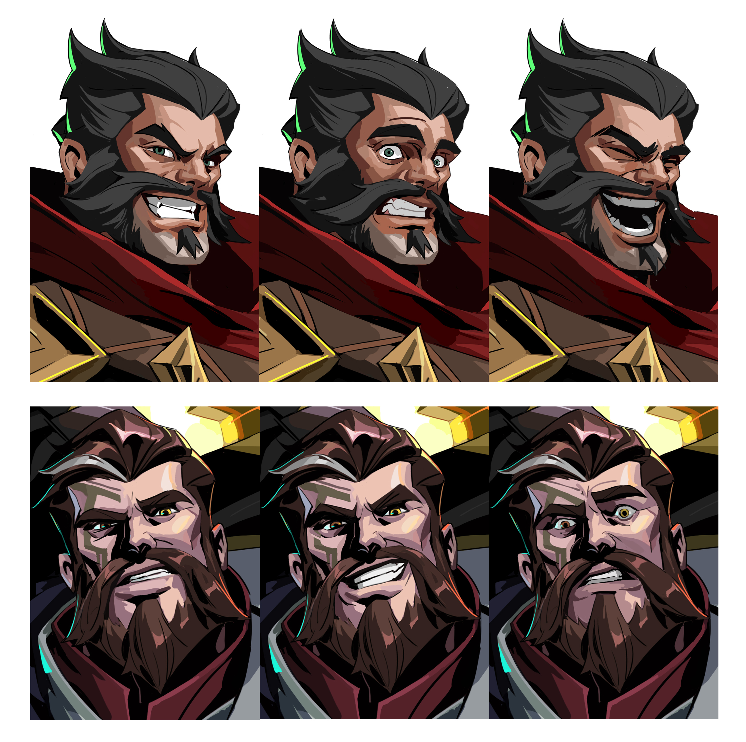 the image showcases a character design sheet featuring a male character with a dark beard and hair. the sheet displays variations of the character's facial expressions. the top row shows three different expressions: a snarling grin, a surprised/angry expression, and a fullblown laugh.  the bottom row offers three more subtle expressions ranging from a smug smirk to a more uneasy or sinister smile. the art style is stylized and likely intended for a video game or animated project.  the color palette is mostly dark and saturated, with gold accents in the background and character attire.