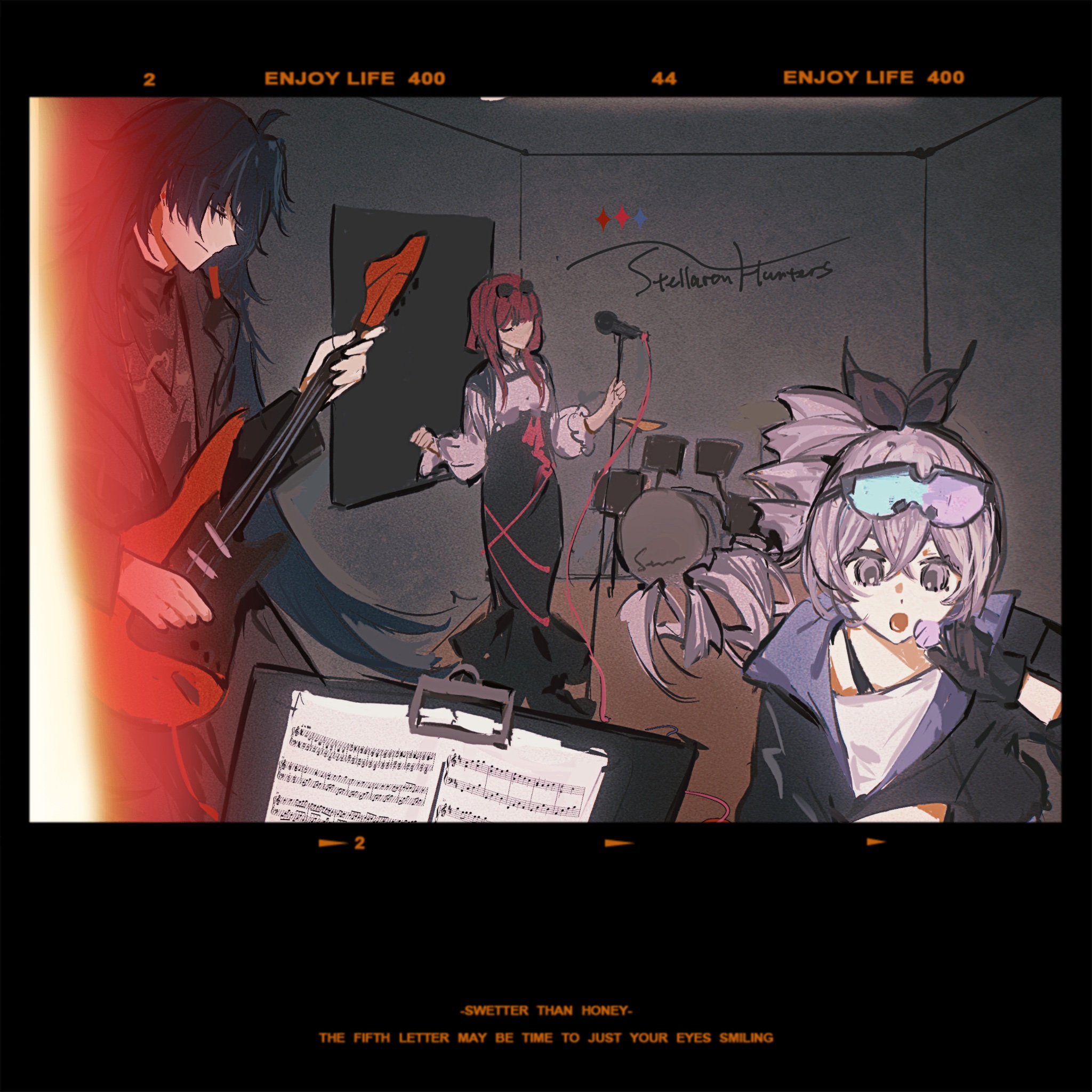 this image features three anime characters on stage during a live performance. the character on the left is playing a guitar, while the character on the right is singing into a microphone. in the center, another character is singing. the stage is set with musical instruments and music notes. the image captures the energy and excitement of a live performance. the text "stellaron hunters" is visible on the wall behind the characters.  there are also the words "enjoy life" at the top of the image which is surrounded by a rectangular border with the numbers 2 and 44.