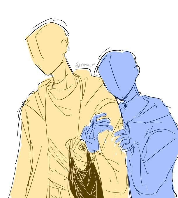 two faceless figures, one yellow and one blue, are standing close together and holding hands. the yellow figure is wearing a robe and the blue figure is wearing a suit. there is a brown bag or object dangling from their interlocked hands. the image is a simple sketchstyle drawing.