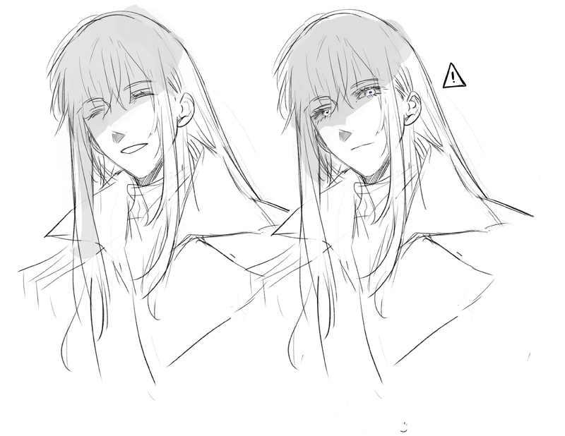 this is a digital illustration that shows a lineart sketch of two animestyle male characters with long hair. they are both looking straight ahead with their heads tilted slightly to the side. the figure on the left has a happy expression and the figure on the right has a more serious expression. the characters are drawn in black and white and the background is white. there is an exclamation mark next to the figure on the right.