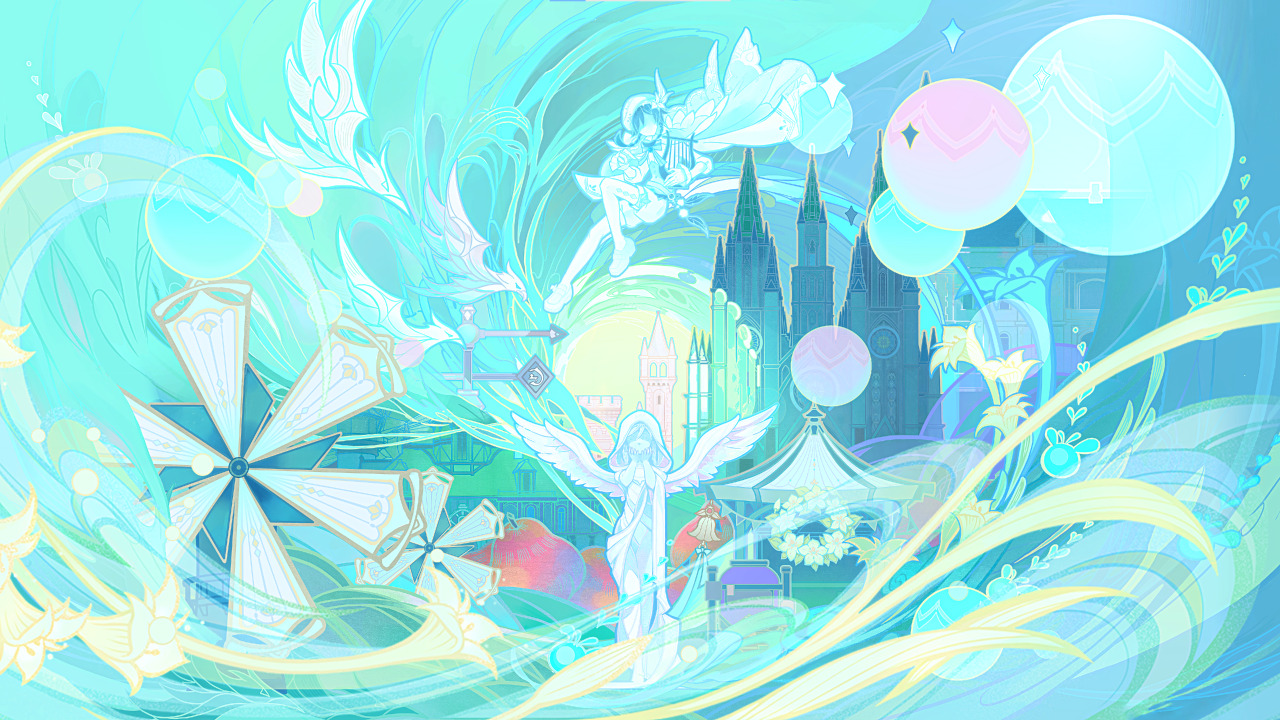 the image is a whimsical fantasy illustration with pastel colors and a dreamy atmosphere. there is a large, floating angel with white wings and a flowing gown, and the scene includes a castle, flowers, and other fantastical details. the artwork is very abstract and stylized, and it evokes a sense of wonder and enchantment. the overall effect is serene and beautiful, with a gentle, calming presence.