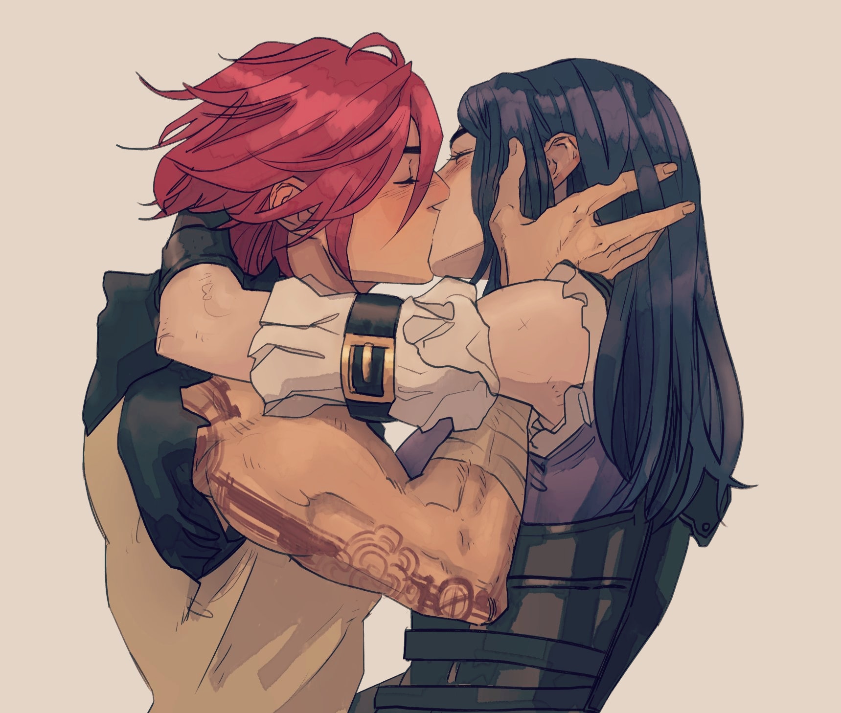 the image depicts a romantic and intimate scene of two female characters from the animated series "arcane," vi and caitlyn, sharing a kiss. the characters are drawn in a stylized, fan art manner, with vi having red hair and visible arm tattoos, and caitlyn with long black hair. they are closely embraced, with vi's arm around caitlyn, and caitlyn's hand gently placed on vi's face. the overall atmosphere is tender and portrays a loving lgbtq+ relationship.