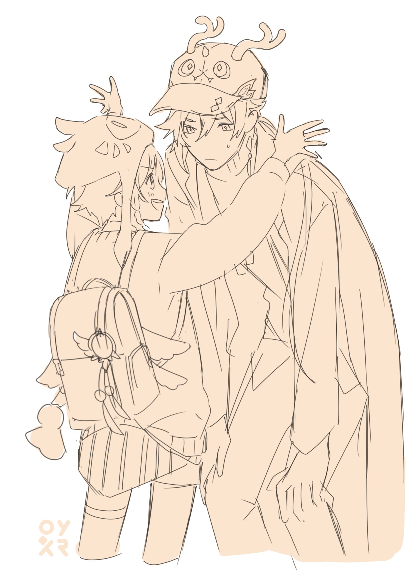 this is a line drawing of an animestyle girl and boy. the girl is wearing a backpack, hat and scarf. the boy is wearing a hat and scarf. the girl has her arms around the boy's neck and is smiling. the boy is looking down at the girl and has a slightly worried expression. the background is white.