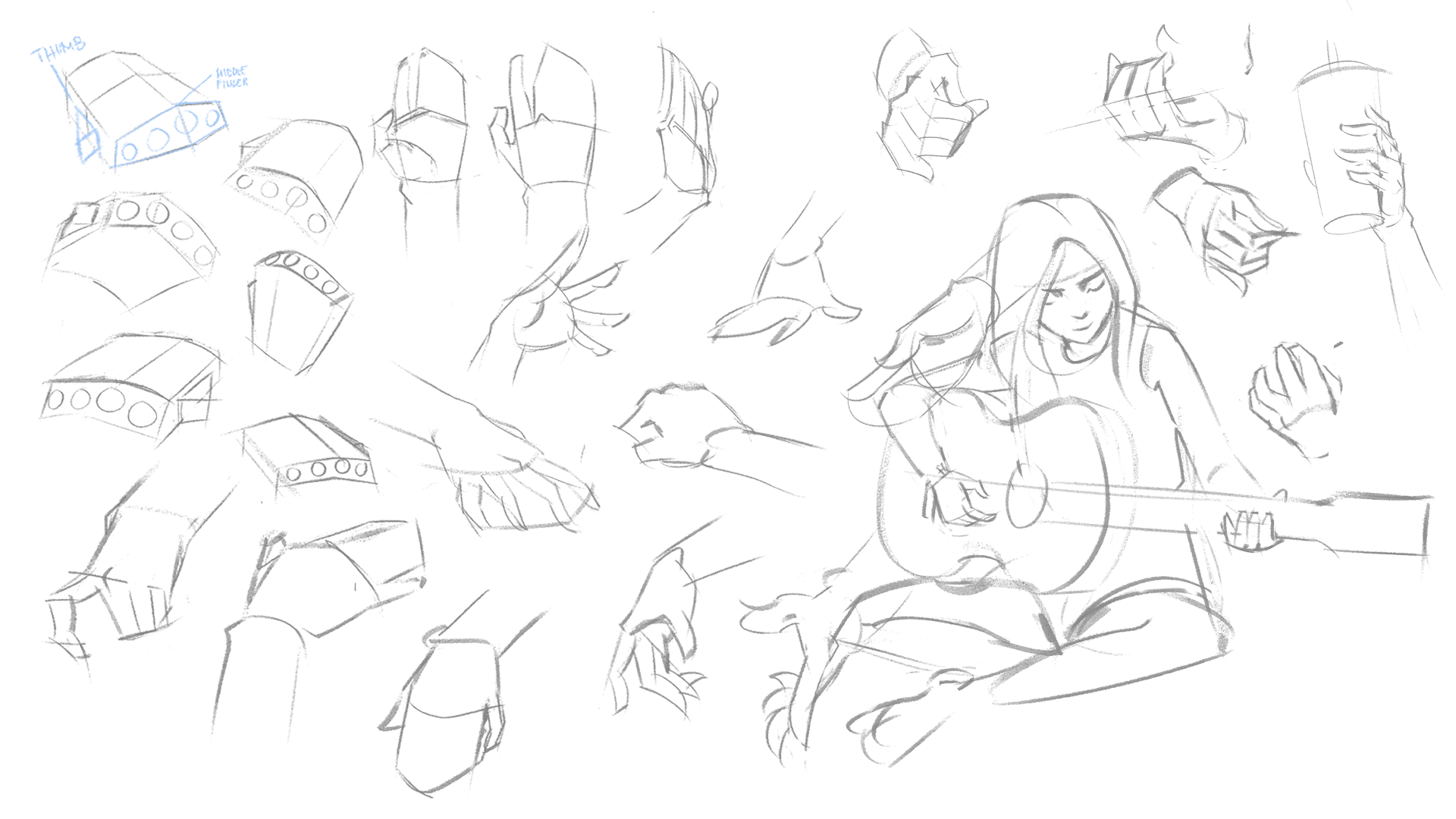 this is a sketch of a woman playing a guitar. the sketch is done in pencil and the lines are light and fluid. the woman is sitting with her legs crossed and she is holding the guitar in her lap. her right hand is on the neck of the guitar and her left hand is on the strings. she is looking down at the guitar as she plays. the drawing is very expressive and captures the moment in time. the woman looks relaxed and happy as she plays. the lines are loose and gestural, giving the drawing a sense of movement.