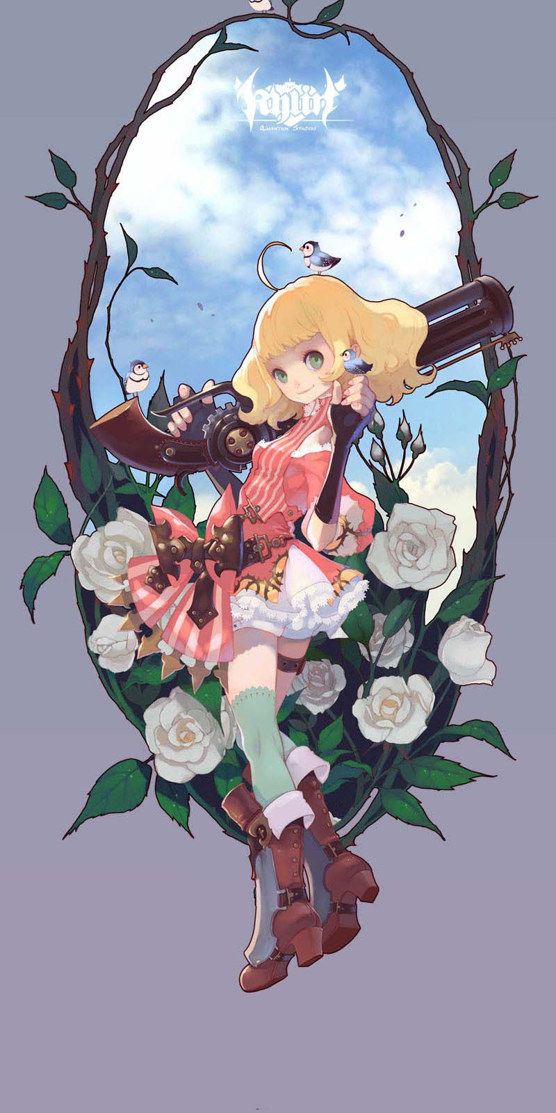 a whimsical anime girl in a pink dress and boots is holding a brown weapon and perched on a floral branch. she is surrounded by roses and birds while the sky is full of clouds.