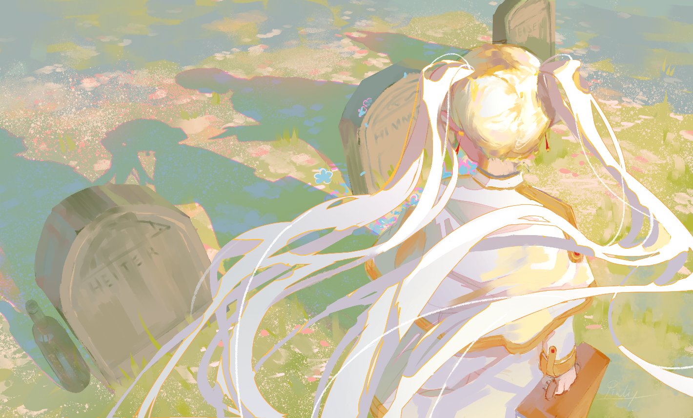 the image showcases a young, blonde woman with long flowing hair, walking away from the viewer through a field of grass dotted with flowers. she is dressed in a flowing white and gold outfit, carrying a small wooden box. in the foreground are two weathered tombstones, hinting at a sense of loss and remembrance. the overall atmosphere is serene yet melancholic, bathed in soft sunlight and a pastel color palette.