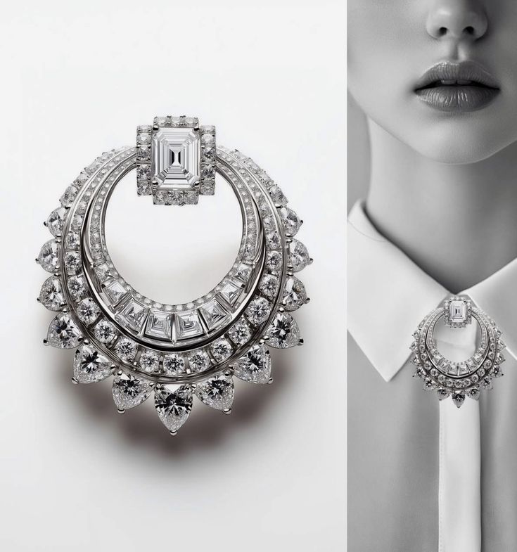 the image shows a highend diamond brooch displayed next to a black and white portrait of a woman wearing the same brooch pinned to the collar of her white buttondown shirt. the brooch features an array of diamonds in various shapes, including square, round, and teardrop, set in what appears to be white gold. the arrangement creates a crescent or semicircular shape. the woman has a subtle makeup look and is facing forward, highlighting the elegant placement of the brooch on her collar. the overall aesthetic is luxurious and sophisticated, emphasizing the beauty and craftsmanship of the jewelry.