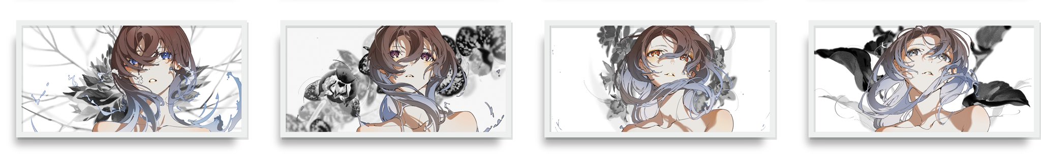 the image showcases four stages of a digital illustration featuring an anime girl.  she has brown hair, striking purple eyes, and wears a light blue scarf. the background evolves from a simple sketch to an elaborate design with abstract black and white shapes, creating a captivating contrast. the soft lighting enhances the character's gentle expression.