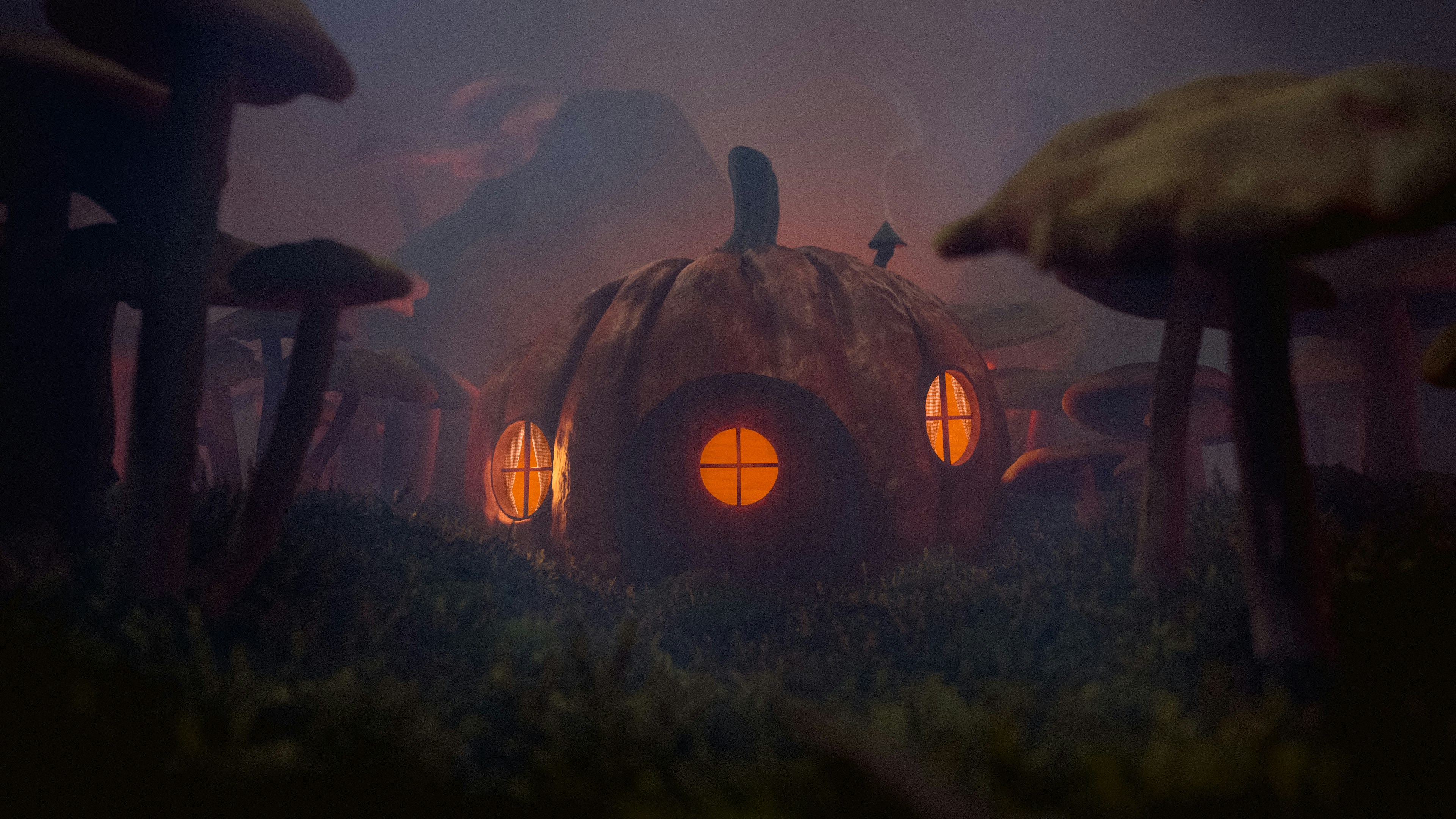 the image showcases a cozy pumpkin house nestled in a mystical forest. the environment is shrouded in fog and illuminated by the warm glow emanating from the pumpkin home's windows.  large, whimsical mushrooms surround the dwelling, adding to the magical ambiance.  the scene evokes feelings of halloween, autumn, and fairytales.