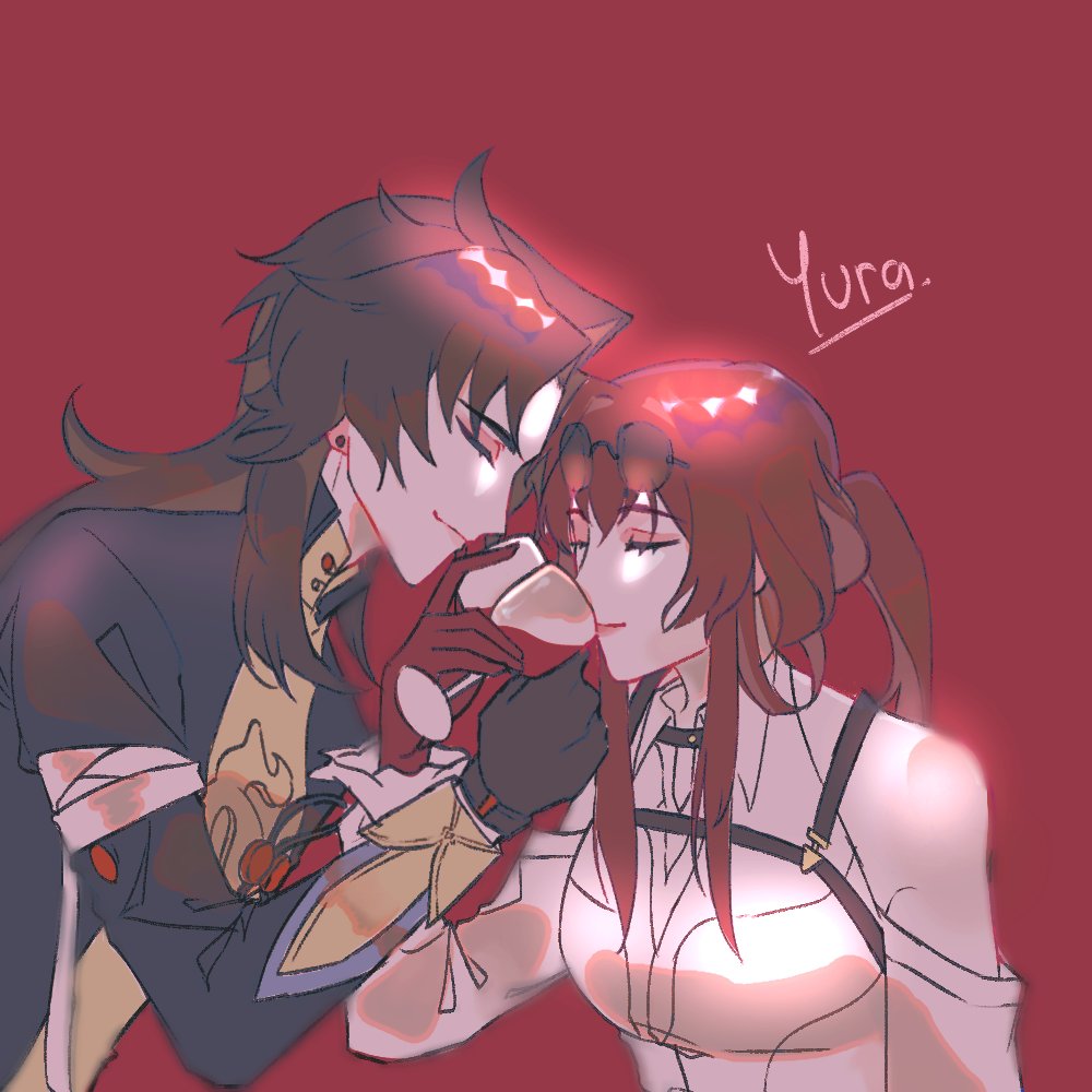 this image shows two anime characters, a male and a female, in a close embrace. the male character is wearing a black and gold outfit and has dark hair. he is holding a glass of red liquid and is leaning in close to the female character, who is wearing a white shirt and has brown hair. they are both looking at each other with loving eyes.  the background is a solid red color. the image is full of romantic energy and is a lovely depiction of two people in love.