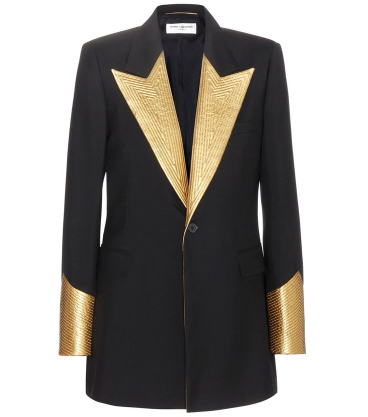 a black saint laurent blazer with gold embellishments on the lapel and cuffs. the lapel has a vshaped gold design, and the cuffs are also gold. the blazer has a single button closure.