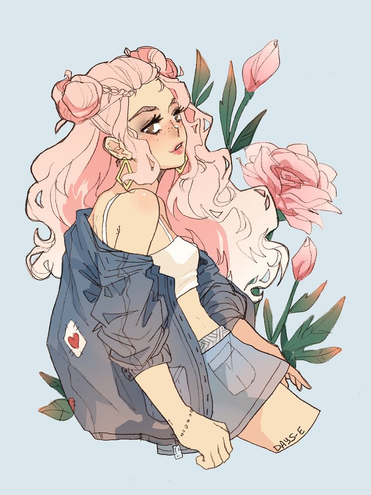 this is a digital drawing of an anime style girl with pink hair wearing a blue jacket and jean shorts. she is standing in front of a pink flower and has a tattoo on her arm that says "dayse".
