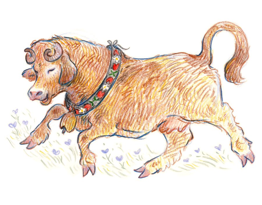 a drawing of a brown cow running through a field of grass and purple flowers. the cow has a bell attached to a collar with flowers.