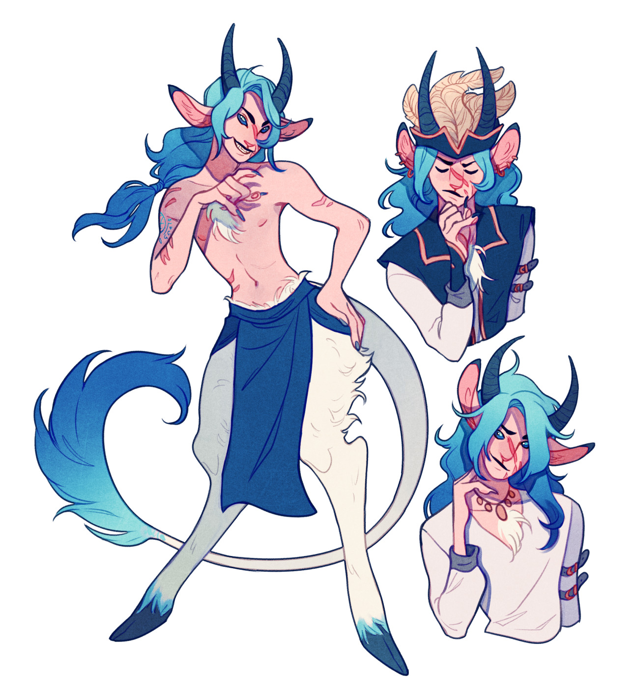the image showcases three different depictions of the same fantasy character. it's a male satyr with pale skin, striking blue hair, and white fur on his lower body. he sports captivating blue eyes and two long, elegant horns that gracefully curl backward. in the first pose, he stands confidently, his left hand on his hip, offering a threequarter view. the second pose captures a headshot where he dons an elaborate piratestyle jacket, exuding an air of intrigue as he rests his chin on his hand. the third headshot portrays him in a more casual attire, his expression curious and engaged as he gently touches his chin.