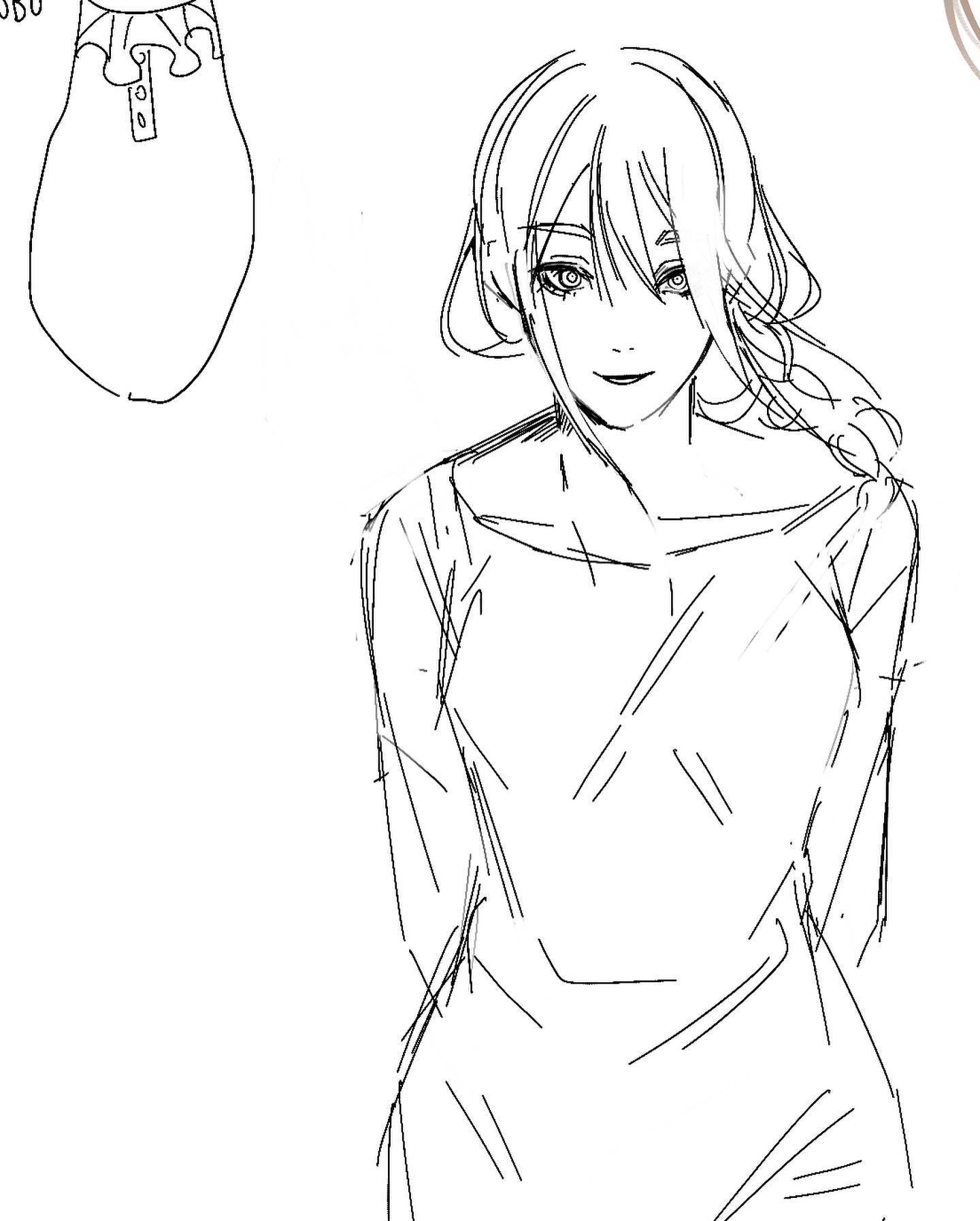 a black and white sketch of a woman. the drawing shows the woman from the waist up, with her arms at her sides and a neutral expression on her face. the drawing is done in a loose, sketchy style with visible pencil strokes.