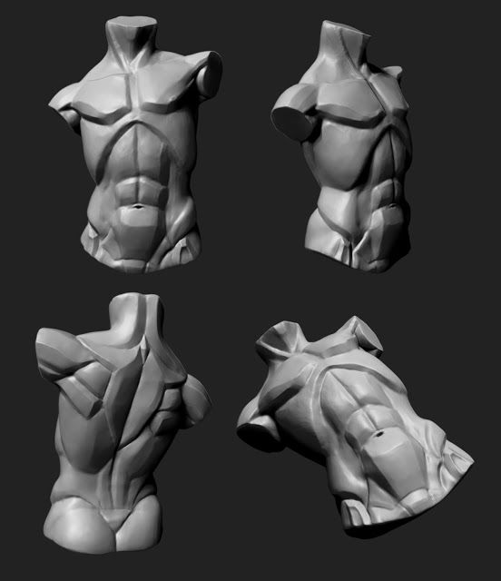 the image displays four different views of a sculpted male torso. the views include front, back, side, and a dynamic threequarter perspective from below. the sculpture emphasizes idealized musculature and anatomical detail, rendered in a grayscale palette.  the lighting is soft and suggestive of a studio environment, likely digitally created. this image serves as a strong reference for artists studying anatomy and figure drawing.
