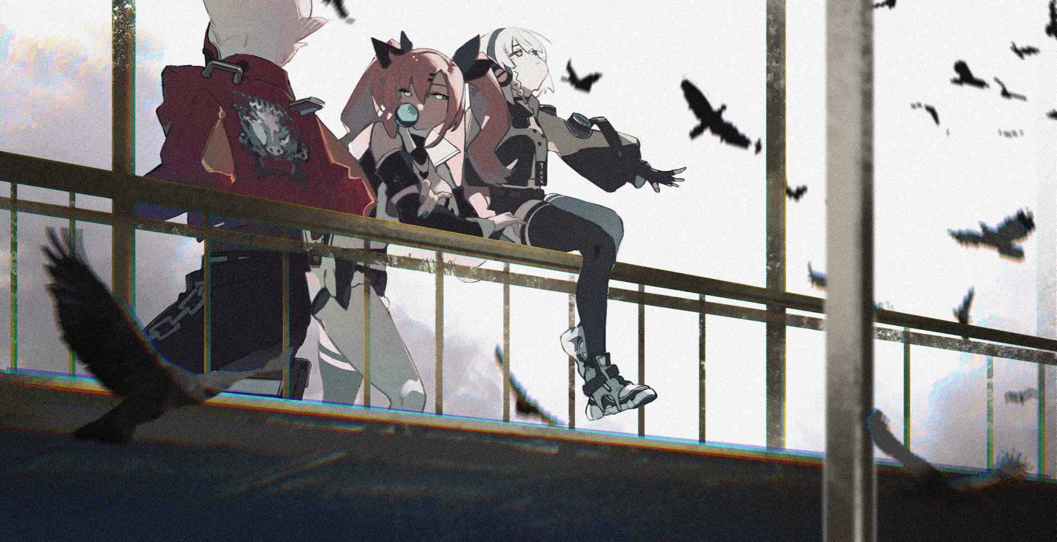 three anime characters are standing on a bridge with crows flying around them. the bridge is elevated above a cityscape, and the perspective is from below looking up. the color palette is muted, with grays and blacks dominating.