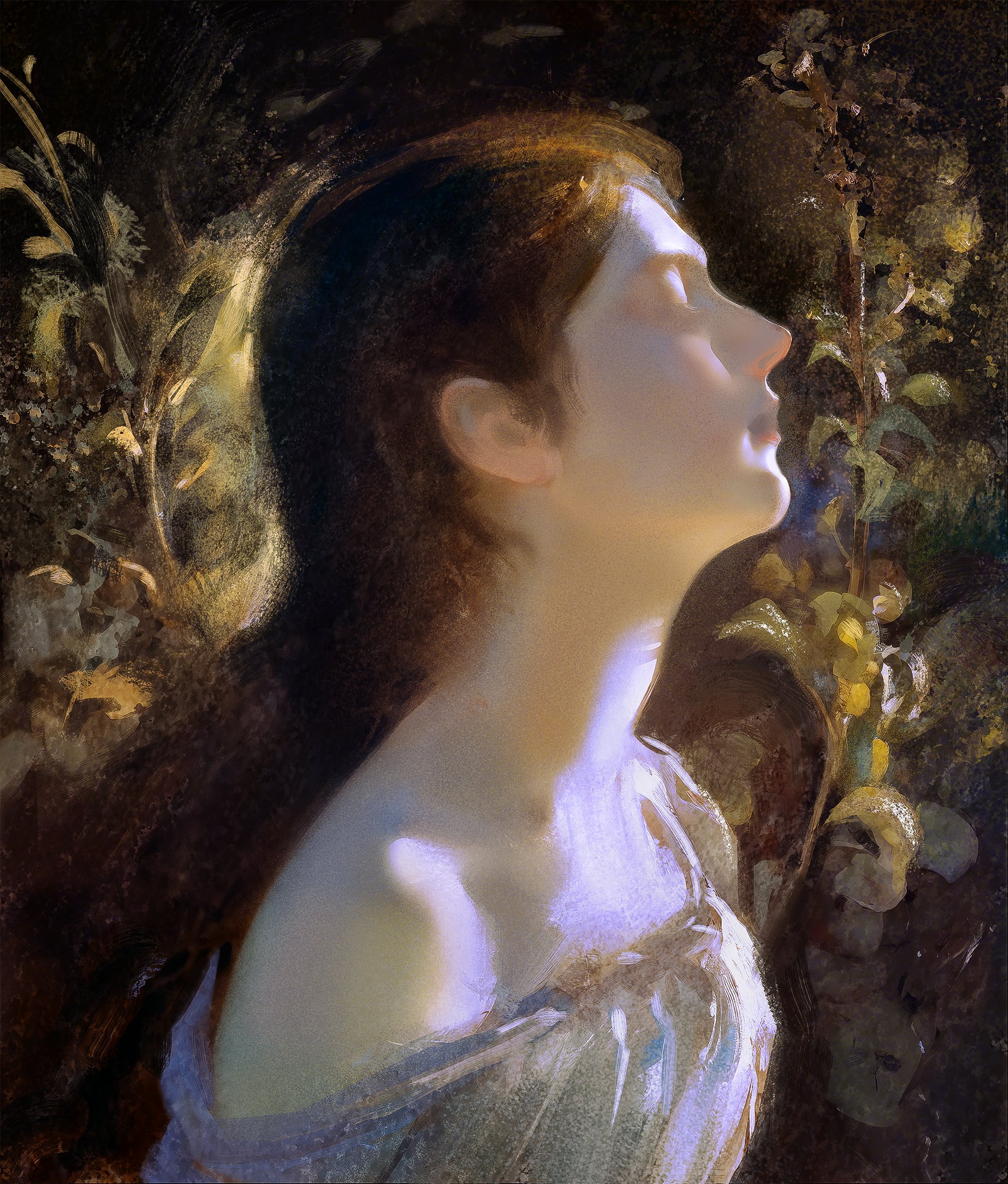 the image is a painting of a woman's head and shoulders in profile. she is shown with her eyes closed, appearing serene and peaceful. the lighting is soft and golden, creating a dreamy and ethereal atmosphere.  she is positioned against a dark background filled with indistinct flowers and foliage. the style is impressionistic, with visible brushstrokes and a focus on light and shadow to create depth and texture. the overall feeling is romantic and sensual. the woman's skin tone is light, almost luminous, and her pose is relaxed and elegant.