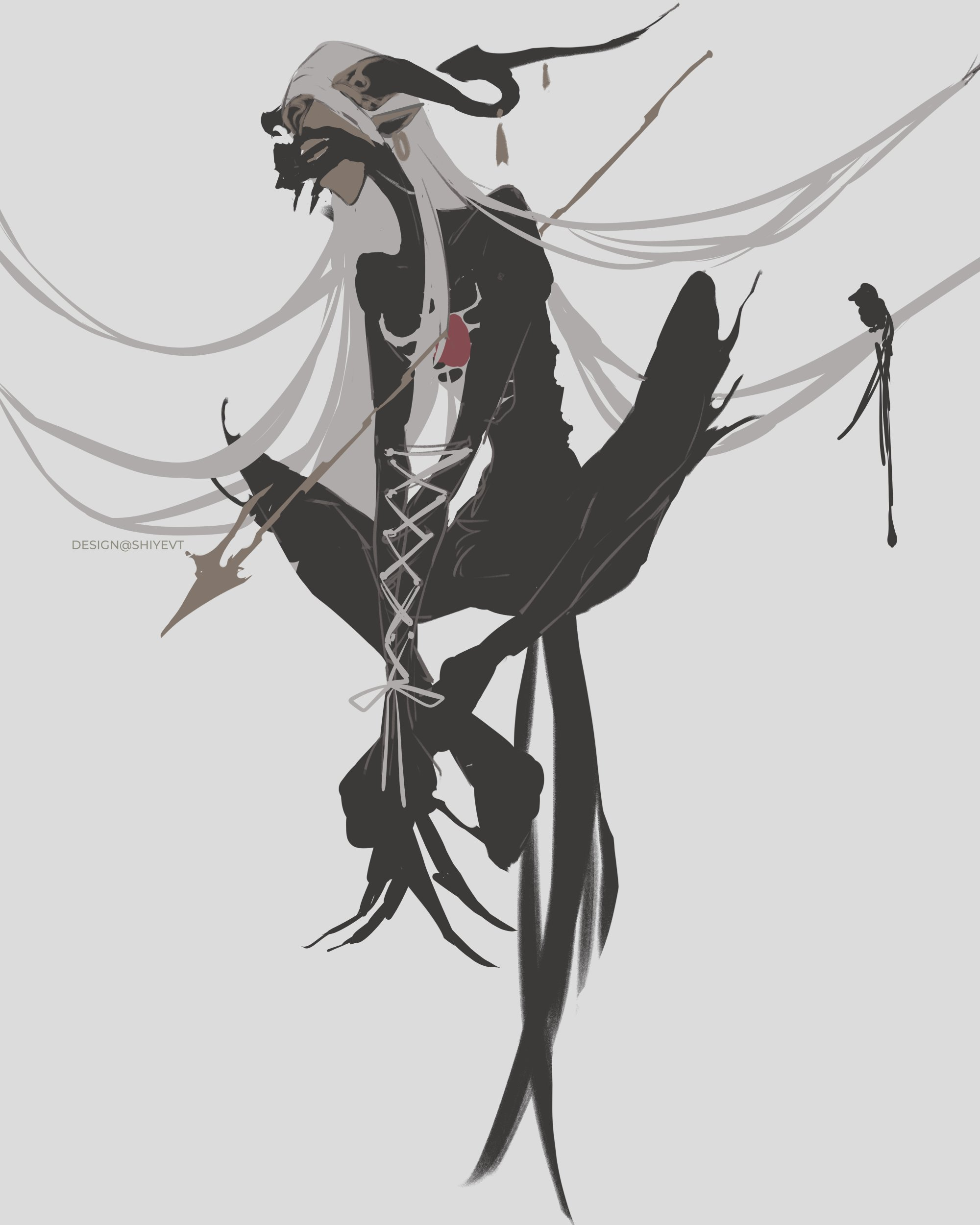 this is a stylized drawing of a demonlike creature. the figure is male, with long white hair, horns, a black bodysuit with a red heart on the chest, and long black feathers that resemble wings and a tail. he is holding an arrow and is perched atop a weblike structure with a small bird sitting next to him. the background is a light gray, and the overall tone of the image is dark and somewhat melancholic.