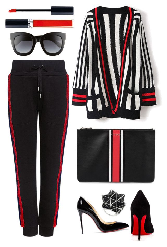 the image showcases a fashionforward outfit ensemble. it includes black sweatpants with red and blue side stripes, a black and white striped cardigan with red accents, a black clutch with a red and white stripe, black pumps with red soles, a black ring with a geometric design, sunglasses, lip gloss, and liquid lipstick. the items are laid out in a visually appealing arrangement, suggesting a complete outfit or styling inspiration.