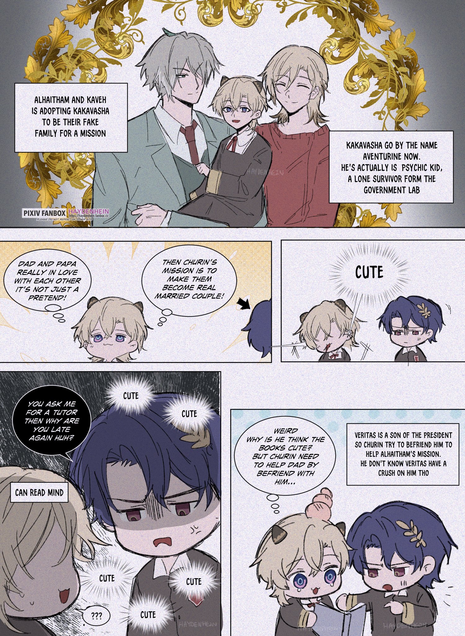 the comic strip shows a cute and funny story of two boys who pretend to be a fake family for a mission. the boys are adopted by a psychic kid from the government lab. it also shows a crush the son of the president has on one of the boys and the other boy helping his father on the mission. the story has a funny and lighthearted tone, making it a fun read for anyone who enjoys manga and anime.